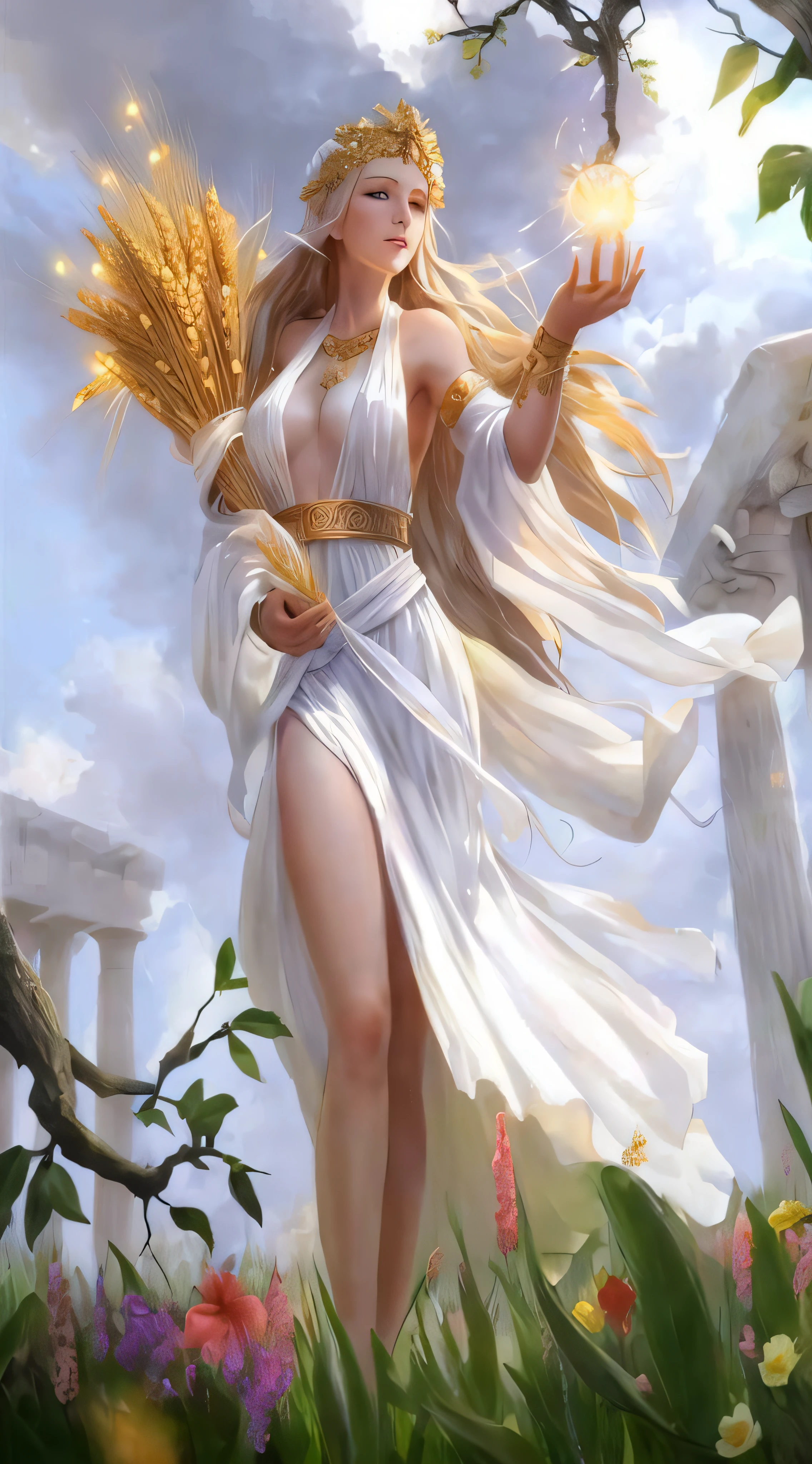 a woman in a white dress holding a bunch of wheat, goddess of greek mythology, greek goddess, the goddess of summer, gorgeous goddess of leo, greek goddess athena, goddess of summer, beautiful goddess, the greek goddess aphrotite, goddess of light, earth goddess mythology, the goddess hestia, golden goddess athena, aphrodite goddess of love, young goddess