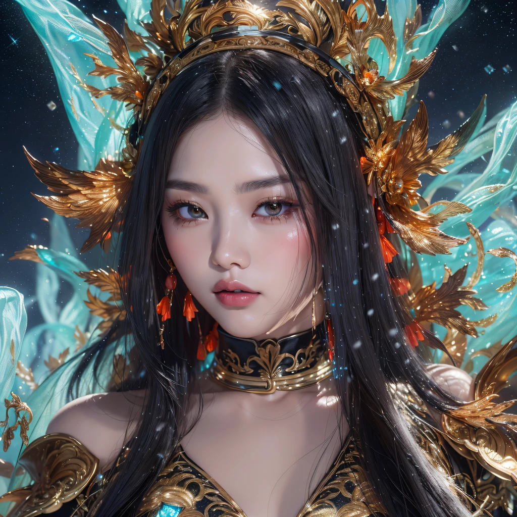 Flying Nine-Tailed Light Blue Sky Division Flame Long-haired Fox Star,een Erotica,Torch night black golden orange brocade silk snake print silk pants,Rouge diamond tulle sheer lizard-patterned leggings,Fat Girl Space Fly in the Snow 1:900 miniatures,Front view,Pure transparency,Wear boxing gloves,Wear thick-framed reflective sunglasses with gold wire,Panorama ultra-wide angle,extremely happy,The texture of the real person is delicate,Strong visual impact,hyper-detailing,Dream girl,Refined face,prettyeyes,Hair strands float in the air, cherry Models,Zhou Xiaotong,crystal-clear,Good sense of perspective,Light and shadow effects,16K smooth,Surface reflected light,Flowing black hair,Water Goddess 32K,复杂,ellegance,highly detailed,A majestic,Digital photography,Autumn cowboy shot,surrealism painting,Broken rubies,Beating magic,Entwined water magic,(tmasterpiece,Cinematic light,Fine beautiful eyes:1.2),hdr,Void 5 Energy Storm,(China 1 girl,Black eyes:1.5),Rouge skin,Glowing skin,(sitting on the stone:1.5),delicated face,Black color hair,Put on palatial gold armor,cropped shoulders,,short skirt,Beautiful golden armor,Rained,big breasts beautiful,looking at viewert,Face away from the camera,tmasterpiece,Lateral face,Side portrait close-up