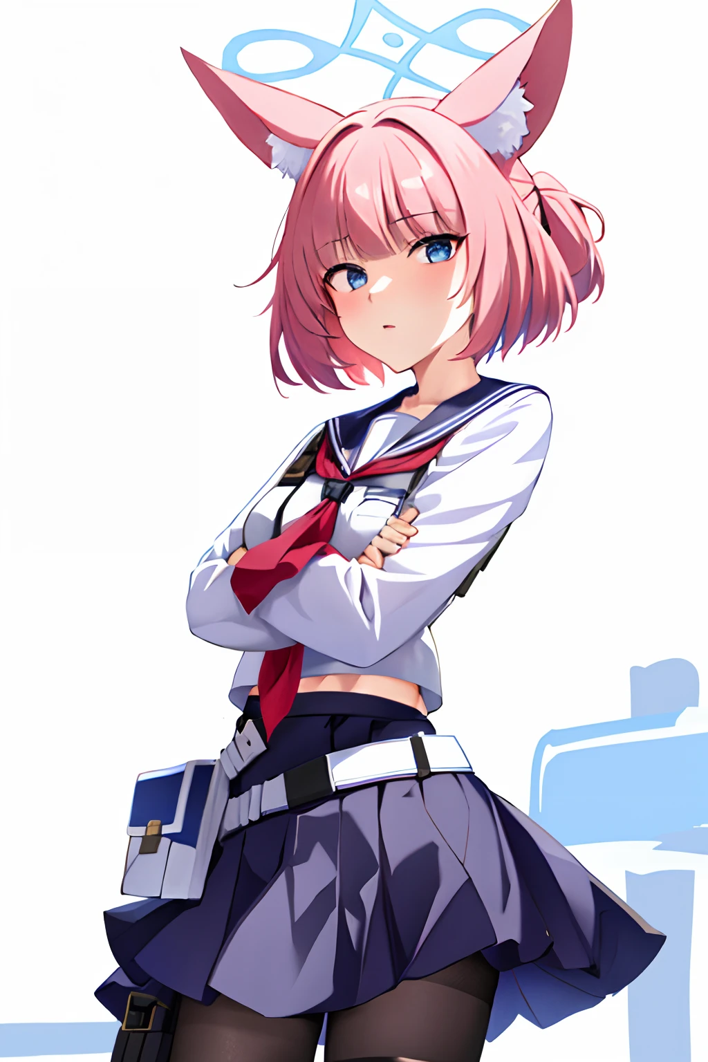 niko, 1girl, solo, looking at viewer, short hair, blue eyes, simple background, animal ears, school uniform, pink hair, pantyhose, fox ears, halo, white background, armband, holster, cowboy shot, crossed arms
