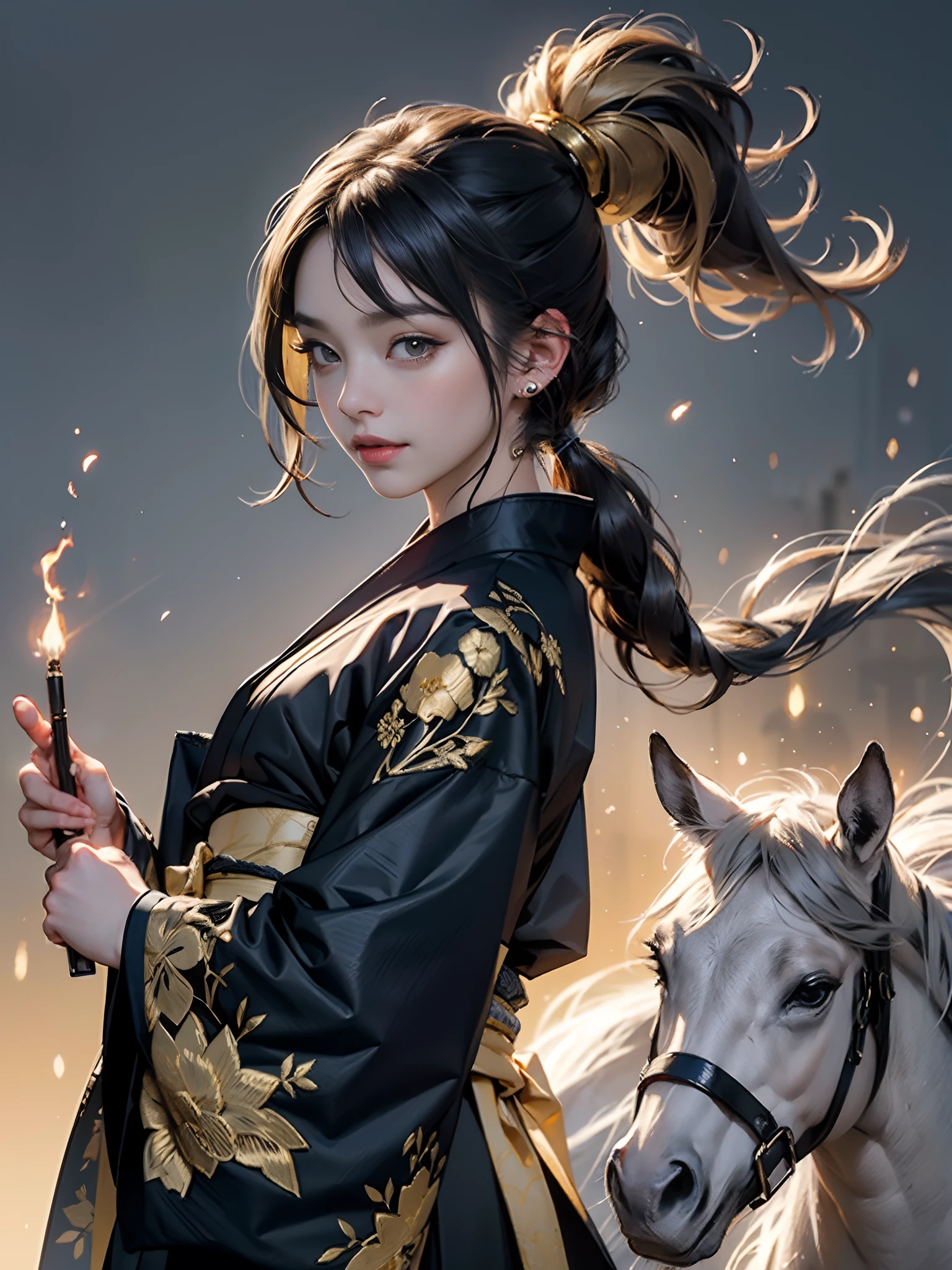 (rokoko:1.5),Background of details(A city that is being shot by the magic of light),BREAK ,elaborate costume(Luxury kimono(Black kimono(detailed embroidery(blanche,golds)))),BREAK,(1 Beautiful and classy adult woman(Shy smile:1.2)(Japanese actressl:1.2)(A dark-haired(poneyTail:1.2))),(eye glass(four corners:1.2)),(It's firing magic:1.5),BREAK,Wallpapers 16K,Blur the background,)(masutepiece,Best Quality,Portrait photos):1.5),full body Esbian