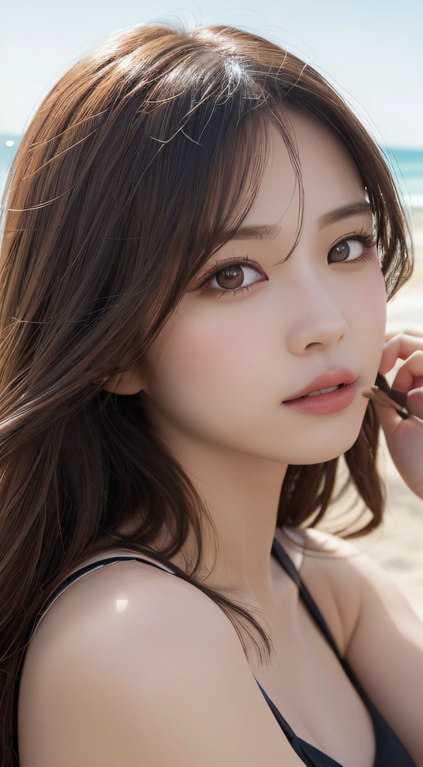 masutepiece, Best Quality, Illustration, Ultra-detailed, finely detail, hight resolution, 8K Wallpaper, Perfect dynamic composition, Beautiful detailed eyes , the beach, Sexy face,Sexually aroused face