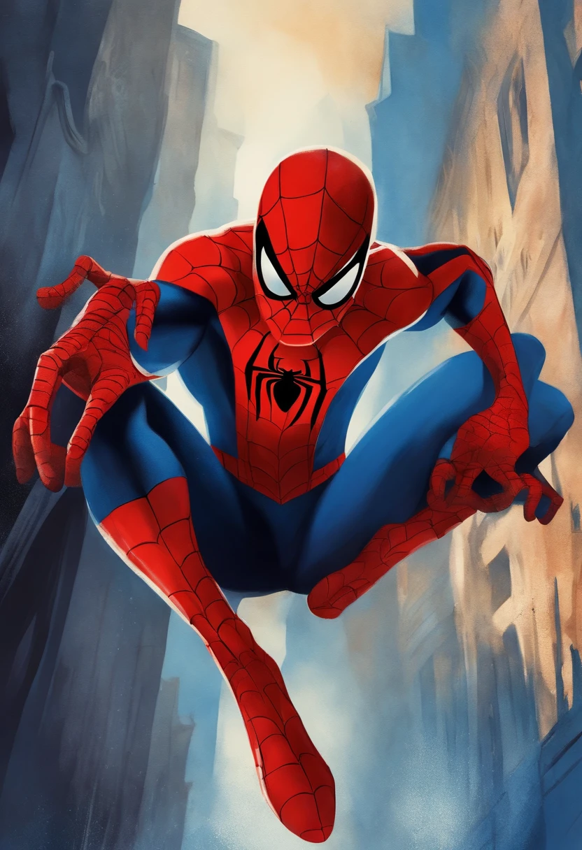 Spiderman in his classic suit, hanging upside down , with his legs bent , Feet together, holding on to his web with one arm and waving with the other 