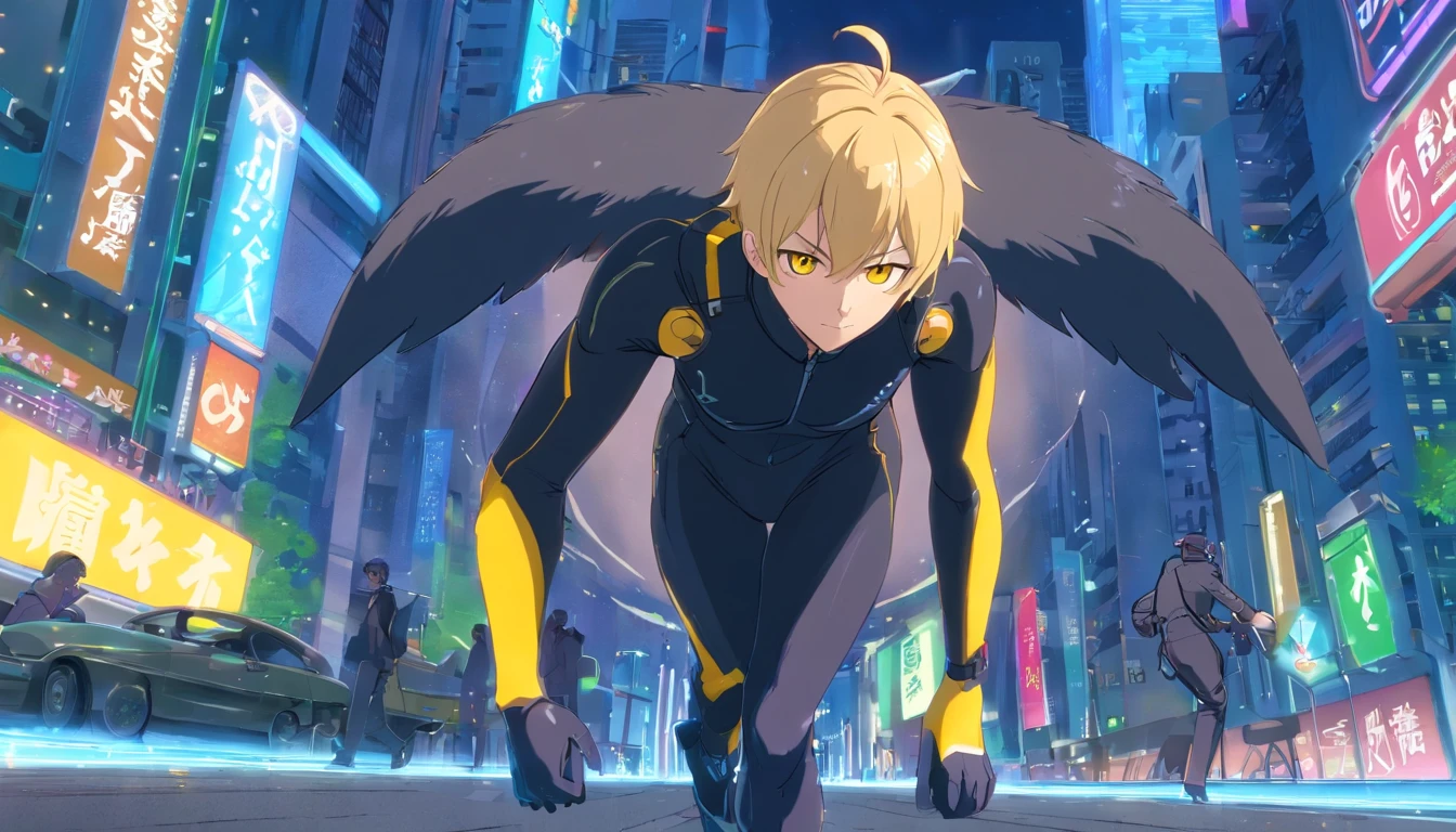 1 male human、a blond、Big ass、Black catsuit、yellow eyes、thick and large thighs,、short-haired、helmets