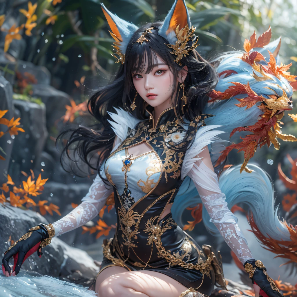 There is a woman in a costume with cat ears and a cat's tail, ahri, by Yang J, trending on cgstation, portrait of ahri, ahri from league of legend, Ruan Jia and Artgerm, Artgerm and Ruan Jia, Guviz-style artwork, Guviz, full-body xianxia