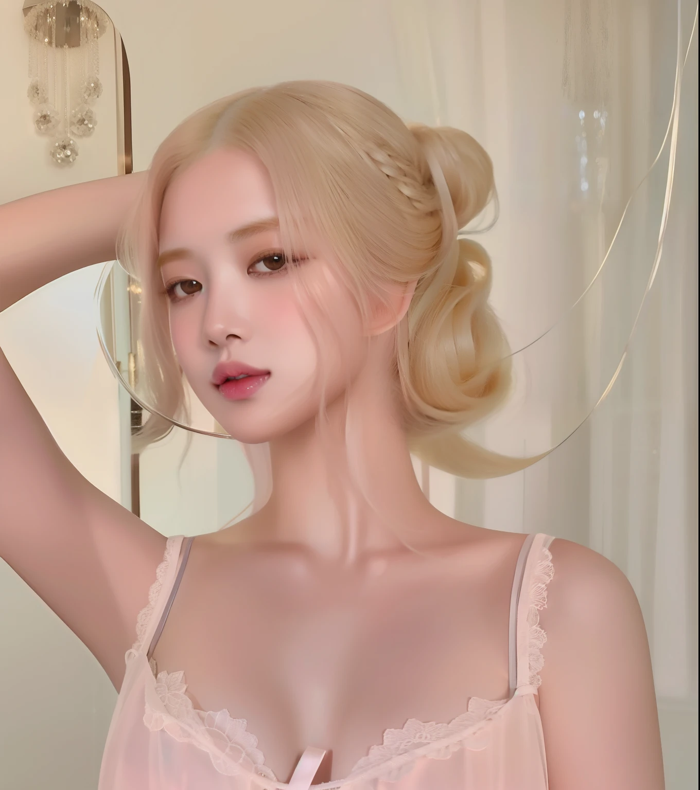 Blonde woman in pink lingerie posing for a photo in front of a mirror, pale skin curly blond hair, sydney sweeney, Retrato de Kim Petras, Yelena Belova, Una chica con cabello rubio, Amouranth, pale, piel brillante, with pale skin, Anna Nikolanova alias Newmilky, Cara delicada y encantadora, pale fair skin!!, extremely pale blond hair