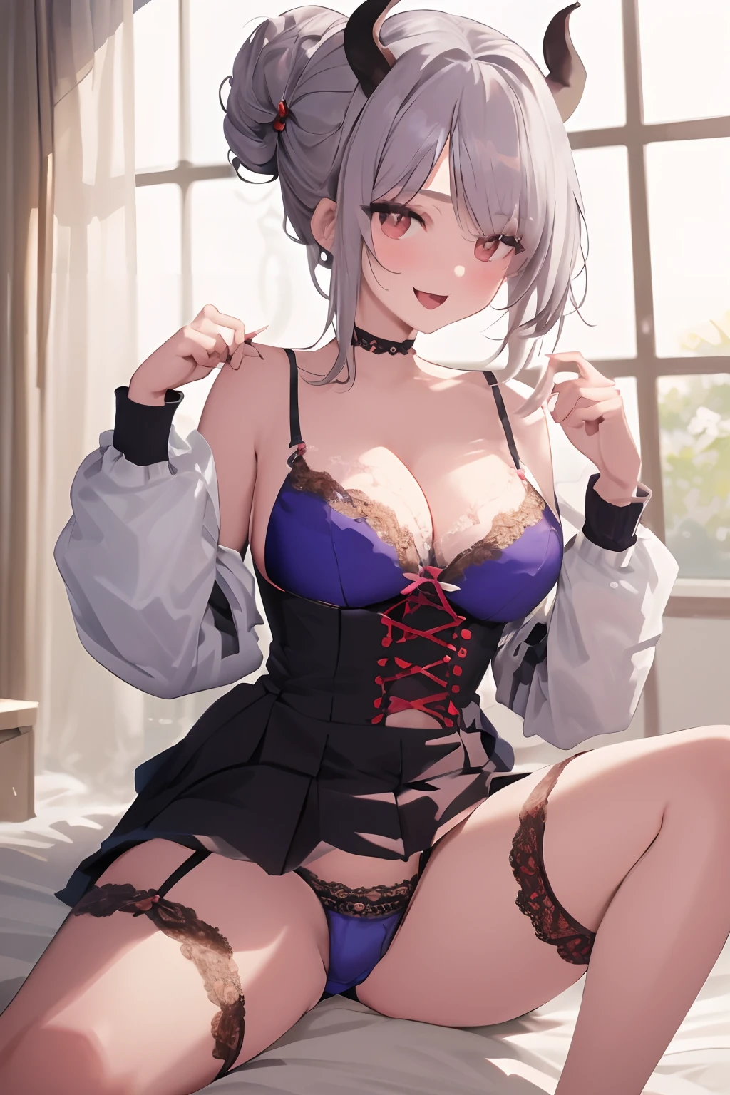 best qualtiy, 超高分辨率, (realisticlying:1.4), 1girll, Off-shoulder white shirt, Black tight skirt, a black choker, (Faded gray gray messy bun:1), faded ash-gray hair, (big cleavage breasts:1.2), looking at viewert, closeup cleavage,
,see-through transparent clothes,lace panty,White skin, Beautiful long legs,Raised sexy,,seductiv,succubi,white under lingerie,Bare waist and back,Transparent texture,Reallightandshadow,Petting the,Cocked buttocks,disturb,long leges((long leges))Long legs,Spread your legs,pubes,haar,,Stick out your tongue,blue surcoat,Lingerie transparent,Superskirt,pajamas,Transparent packaging