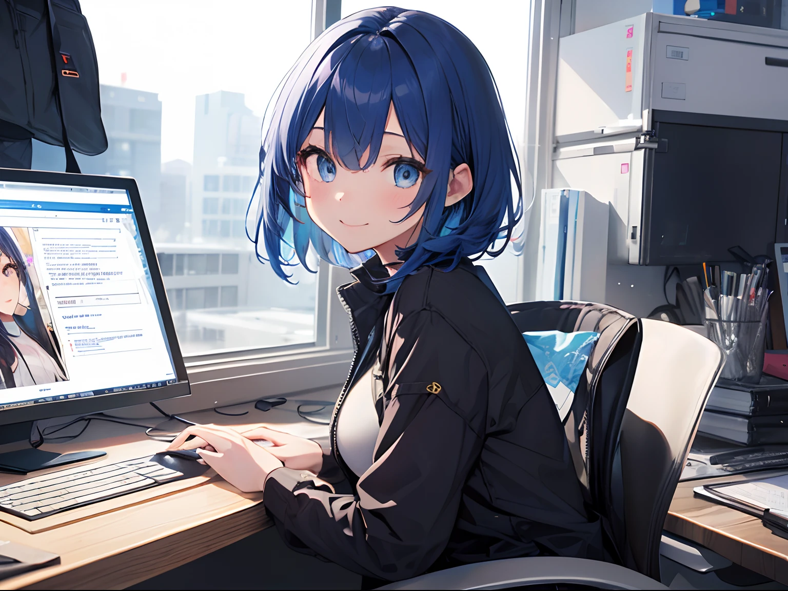 (1girl in),(beautiful eyes finely detailed、Face to detail、masterpiece sidelighting、masterpiece、top-quality、detaileds、High resolution illustration),Woman using computer in office、Large screen、18year old、OL、Everyday clothes、A smile、frontage、The upper part of the body、Blue hair、Short bob hair、The upper part of the body、