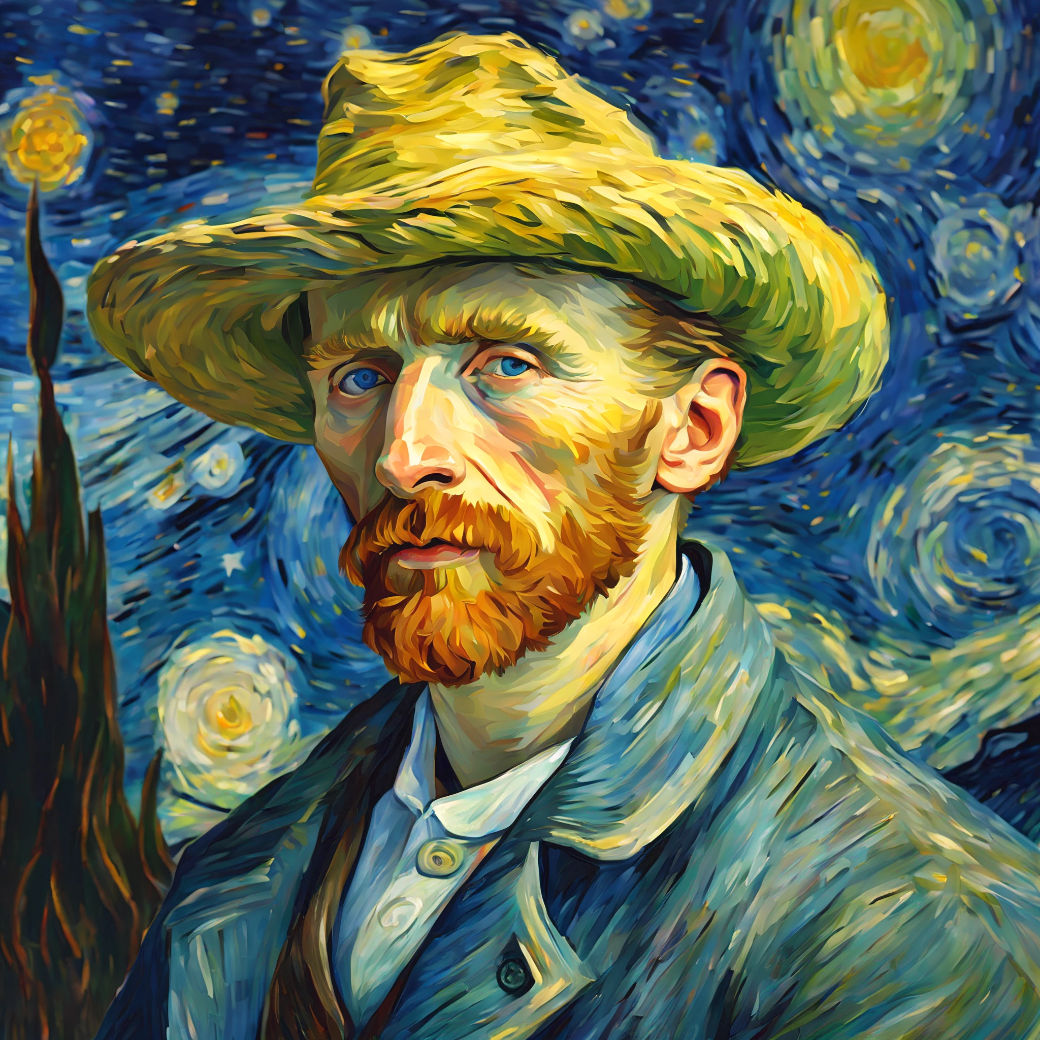 A selfie of the Impressionist painter Van Gogh, Against the background of the starry night, Standard lens, 8K camera, Wide view, (Best quality), Complex and detailed 3D rendering, Cinematic light, cinematic ligh, photograph realistic