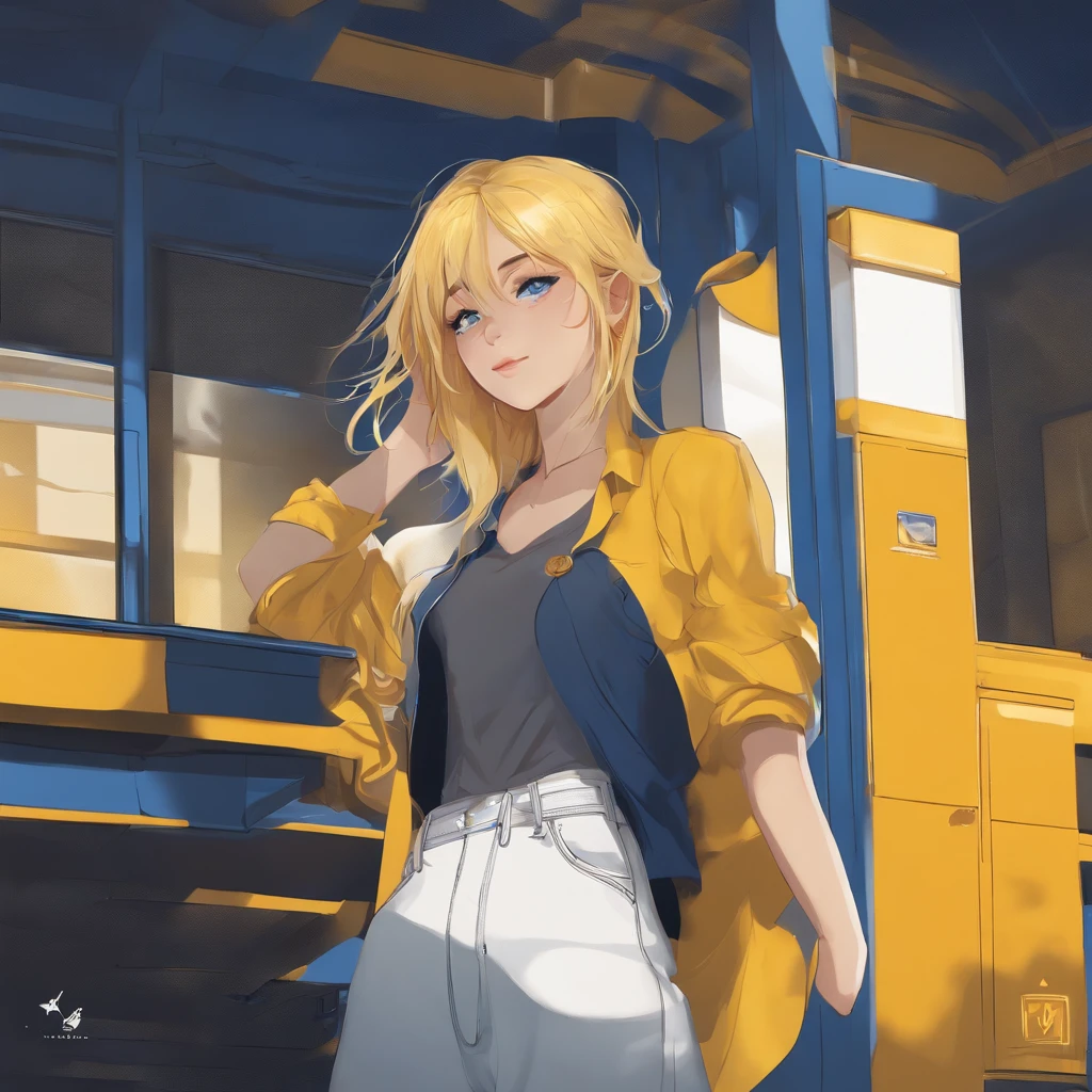 Blue print , conspt , right view and lift view , girl with Yellow hair, white shirt, blue jeans, stylized anime style