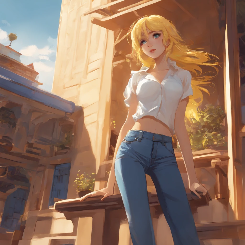 Blue print , conspt , right view and lift view , girl with Yellow hair, white shirt, blue jeans, stylized anime style