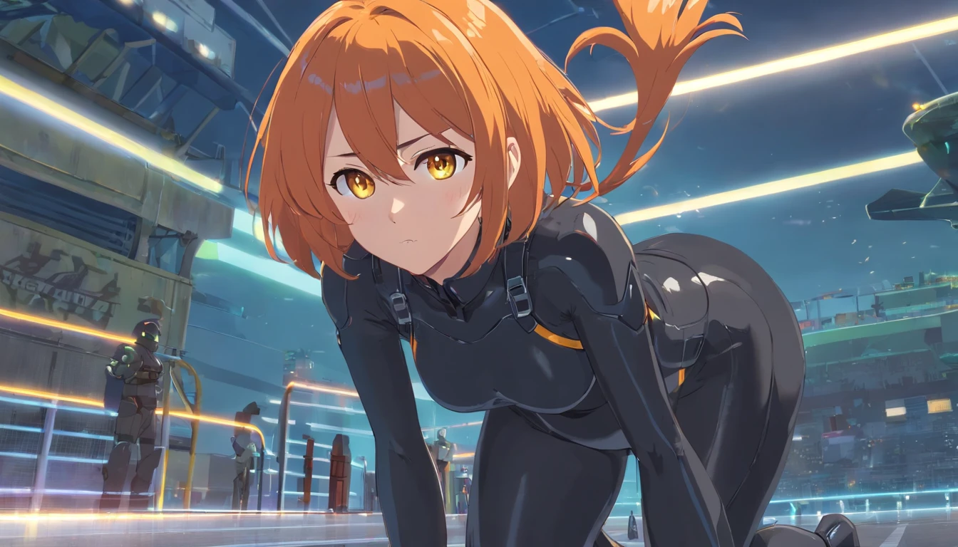 1 female、Orange hair、huge tit、Big ass、Black catsuit、yellow  eyes、thick and large thighs,、Short Bob、Rider Helmet