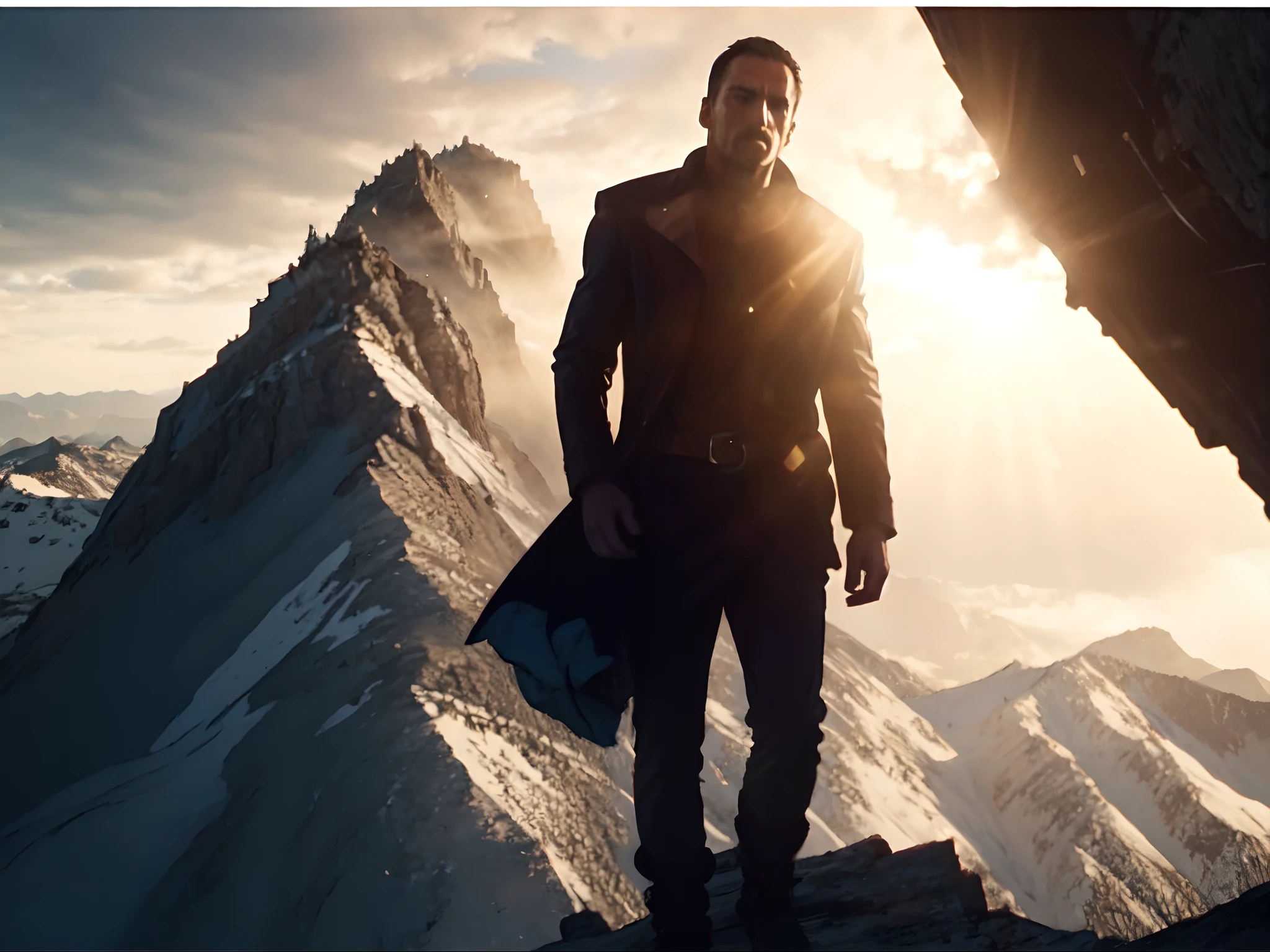Image of a man standing on a mountain looking at the sun, Um andarilho em uma montanha, alto nas montanhas, highly cinematic, em frente a uma montanha, Epic and cinematic vision, inspirado em Michał Karcz, inspirado em Michal Karcz, standing on mountain, cinematic photograph concept art, dramatic mountain background, altas montanhas