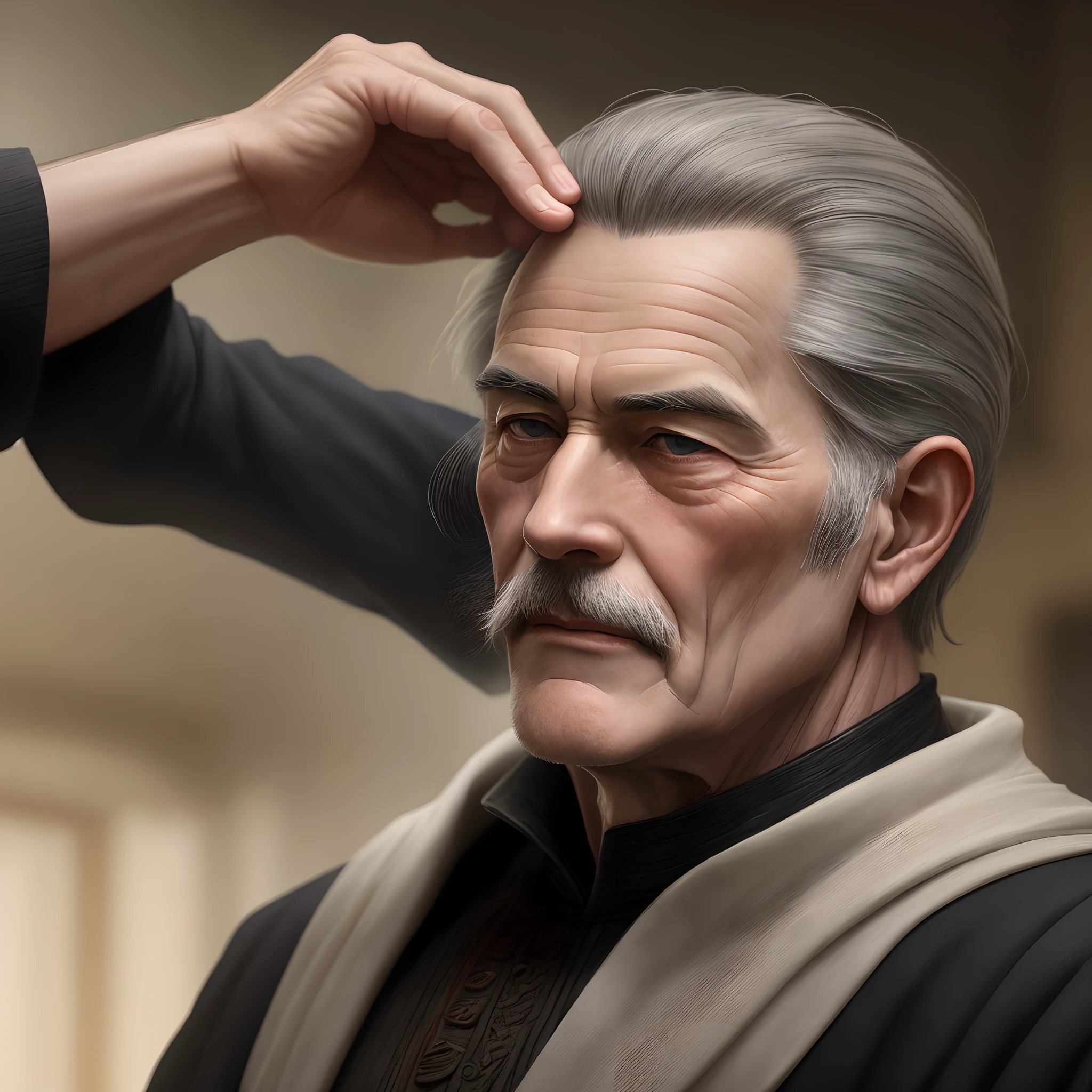 He appeared about fifty years of age, but with an aspect expressive of the greatest benevolence; a few grey hairs covered his temples, but those at the back of his head were nearly black.