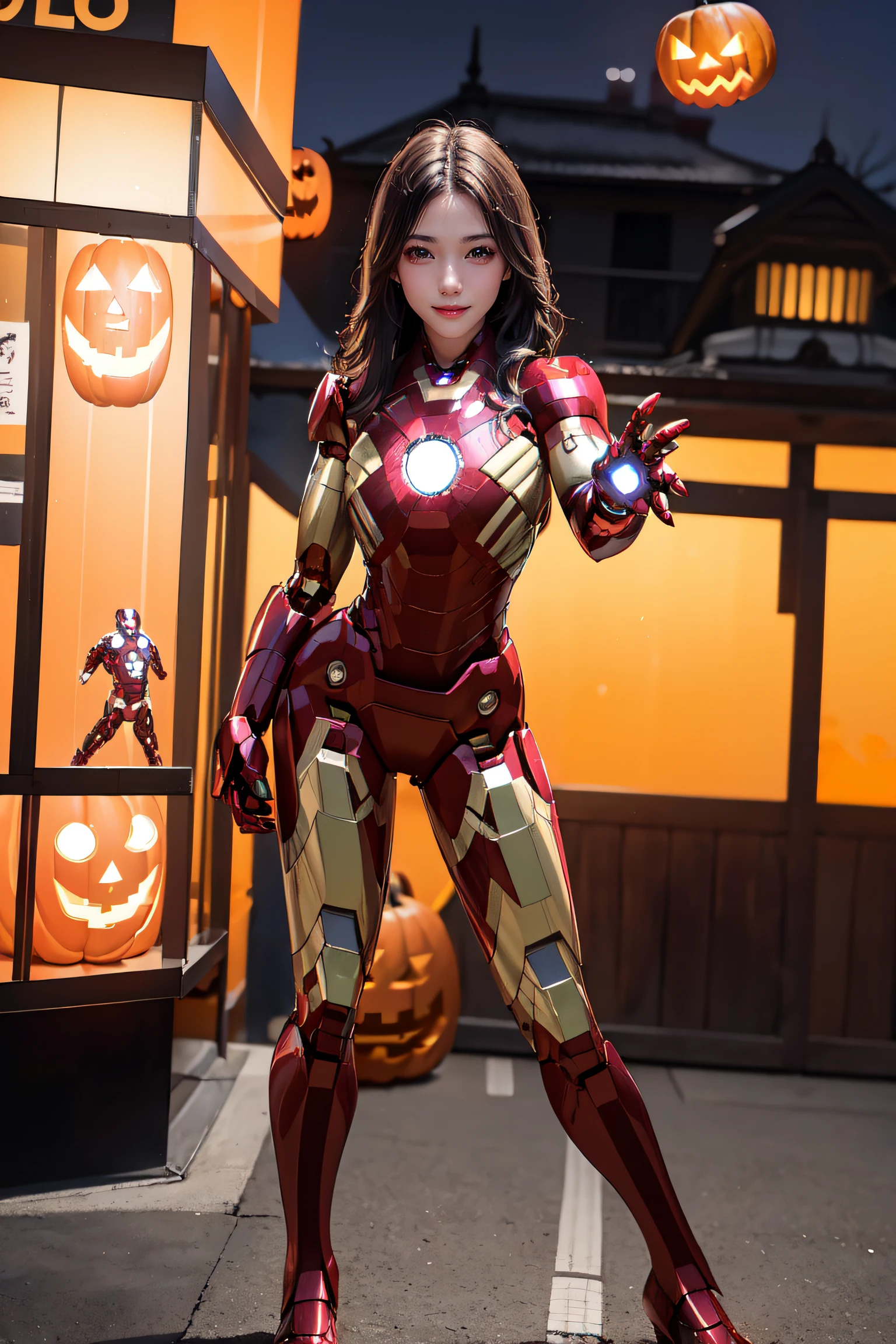 masterpiece, top-quality, top-quality, Beautifully Aesthetic:1.2, 1girl, Halloween night,
((Wearing a high-quality Ironman suit:1.2)), high detailed,
large breasts, firm breast, nicely shaped breasts, slender figure,
((Dark Brown Hair)), wavy hair, ((medium long hair:1.2)),
BREAK
(Strike a cool pose on the Middle of Stage of Halloween contest:1.3),
((in front of station of decorated for Halloween in Shibuya at late night:1.3)), (Full body shot:1.2), (From side:1.2), (Focus on face:1.1), ((looking at viewer:1.2)),