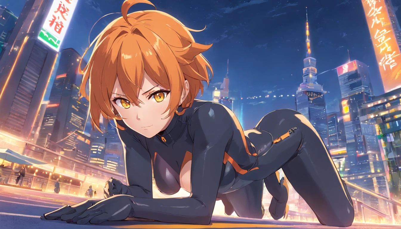 1 female、Orange hair、huge tit、Big ass、Black catsuit、yellow eyes、thick and large thighs,、Short Bob、helmets