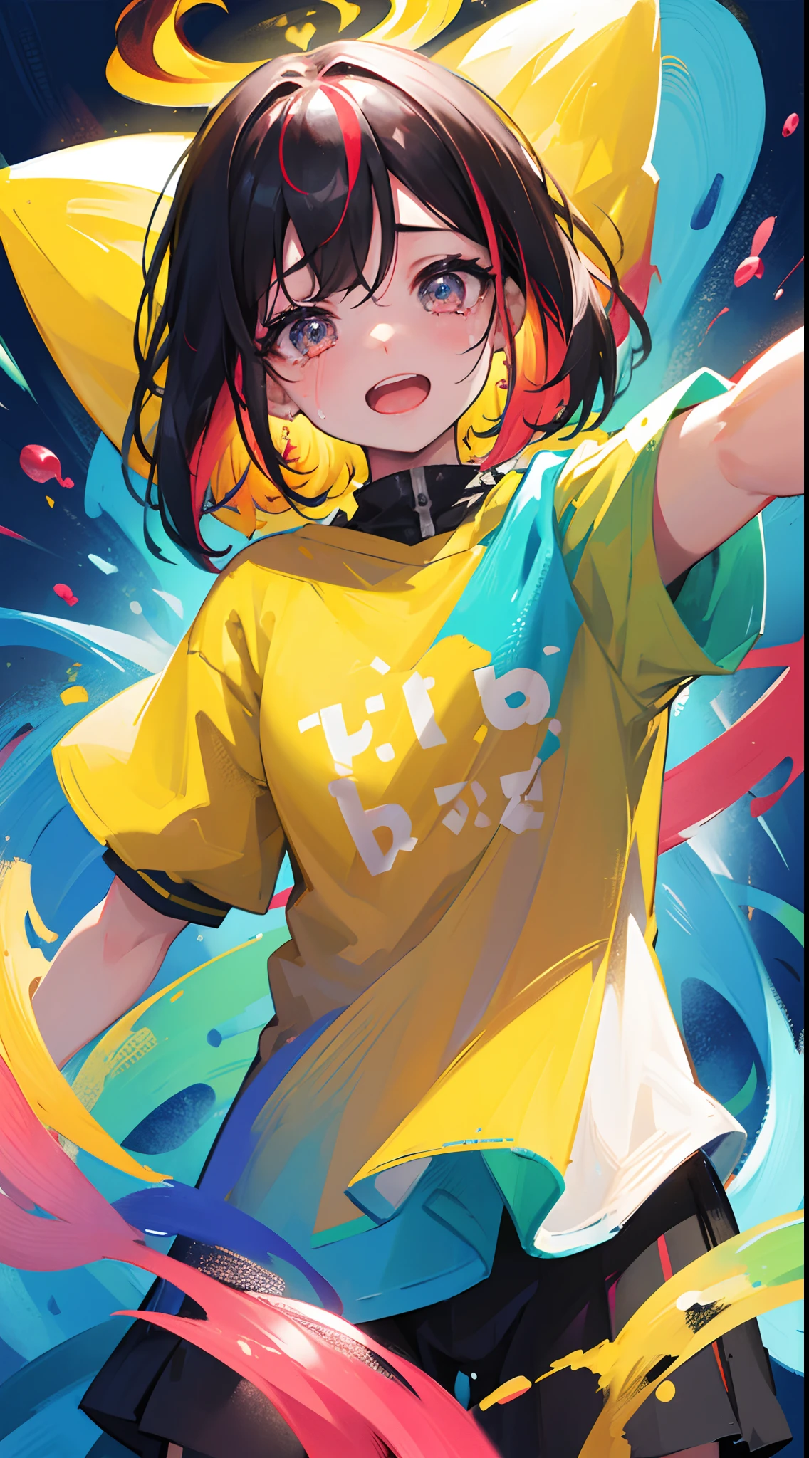 [(colourful backgrund:1.5), 1 girl, mid shot, crying, open mouth, upper body, begging expression, looking at viewer, puppy eyes