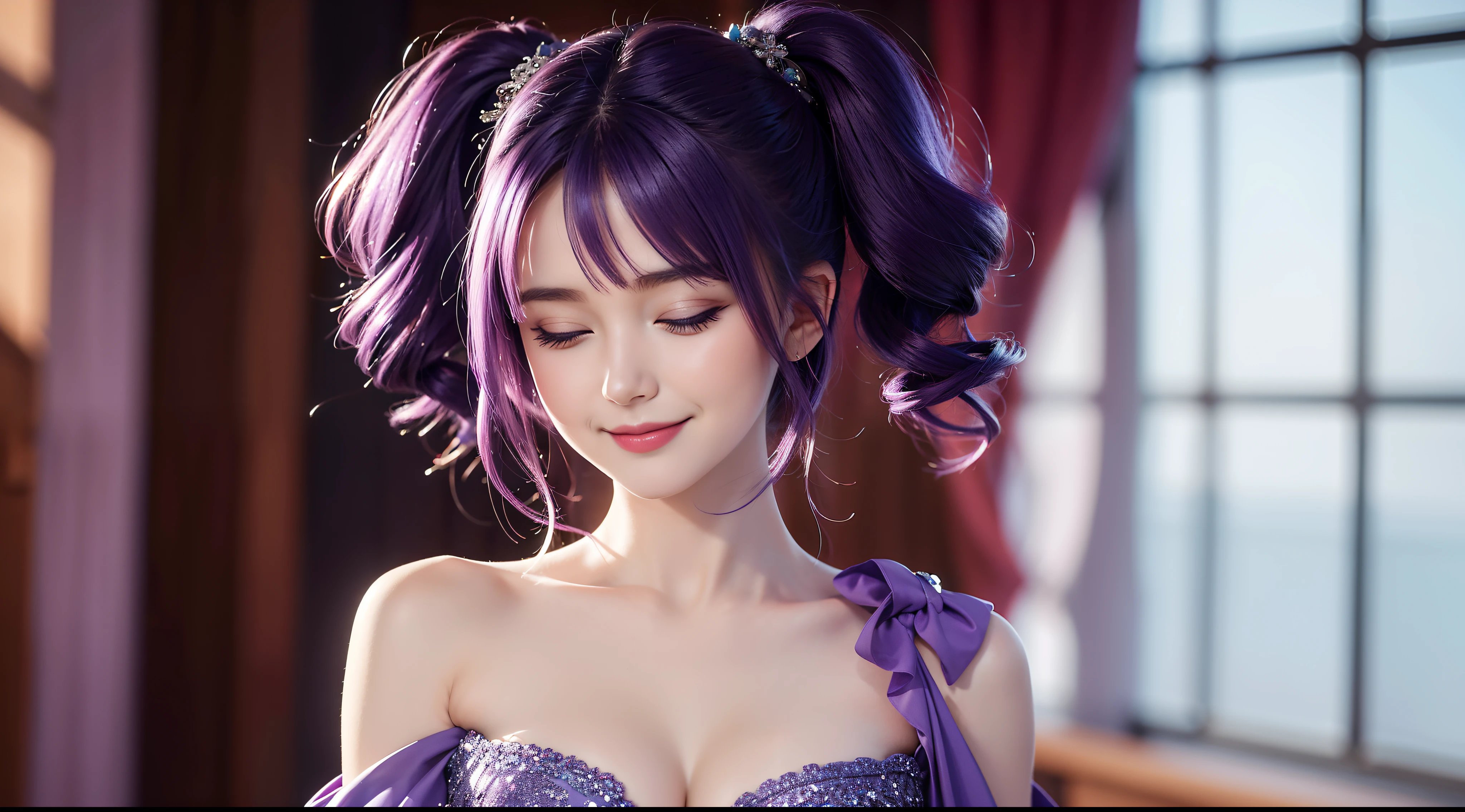 As you close your eyes and envision your perfect image, a vibrant color difference catches your attention. A girl stands in the foreground, her purple blue hair cascading down her shoulders, her smile radiating confidence. The intricate details of her outfit, with a shoulder cut and cleavage, add a touch of sensuality to the scene.