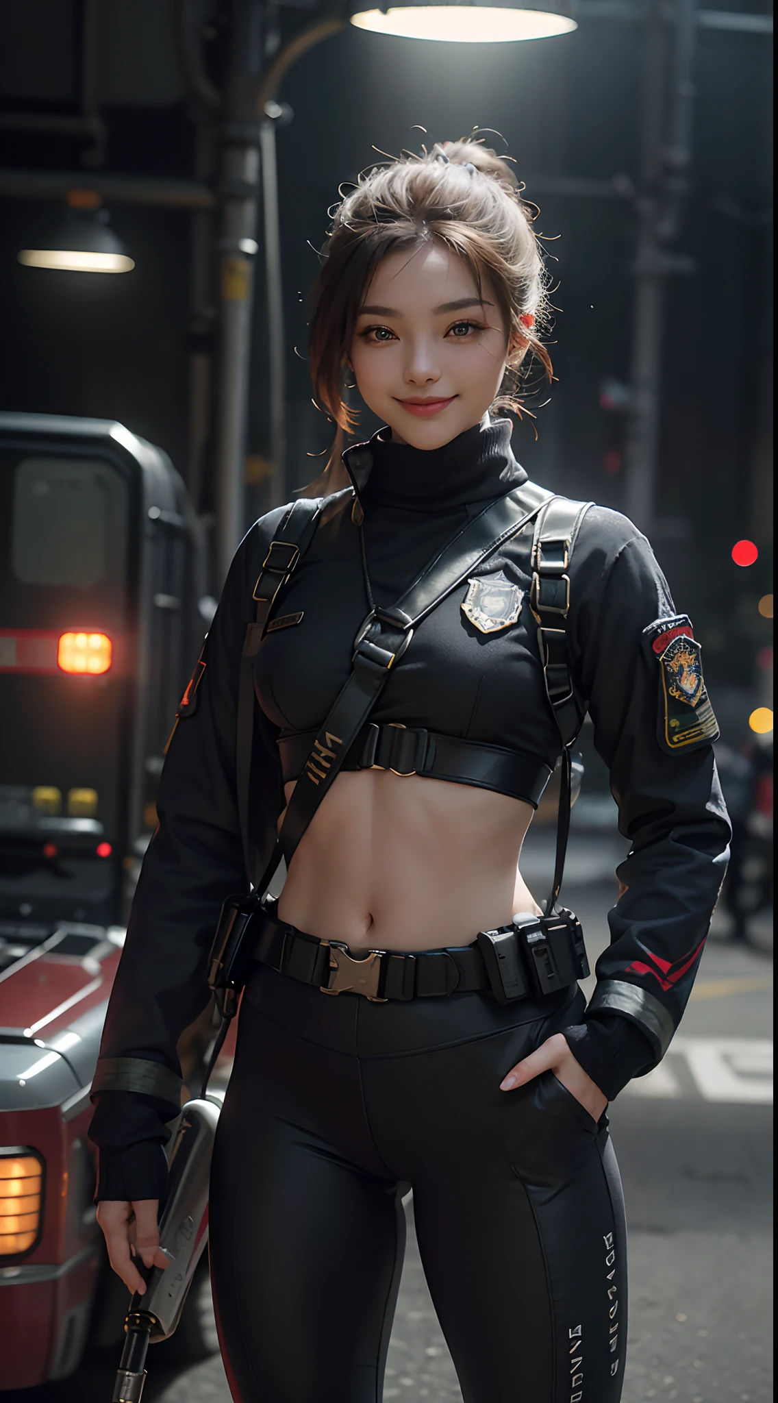 (Highest image quality, outstanding details, ultra-high resolution), 1 girl, (wearing futuristic military outfit), (glamour body:1.2, buffed and muscular body), (a bit chubby:0.5), (futuristic military outfit inspired by white yoga pants and firefighter jumper, military harness, military gears such as pouches), background military base, mild smile, dynamic pose, dramatic lighting,