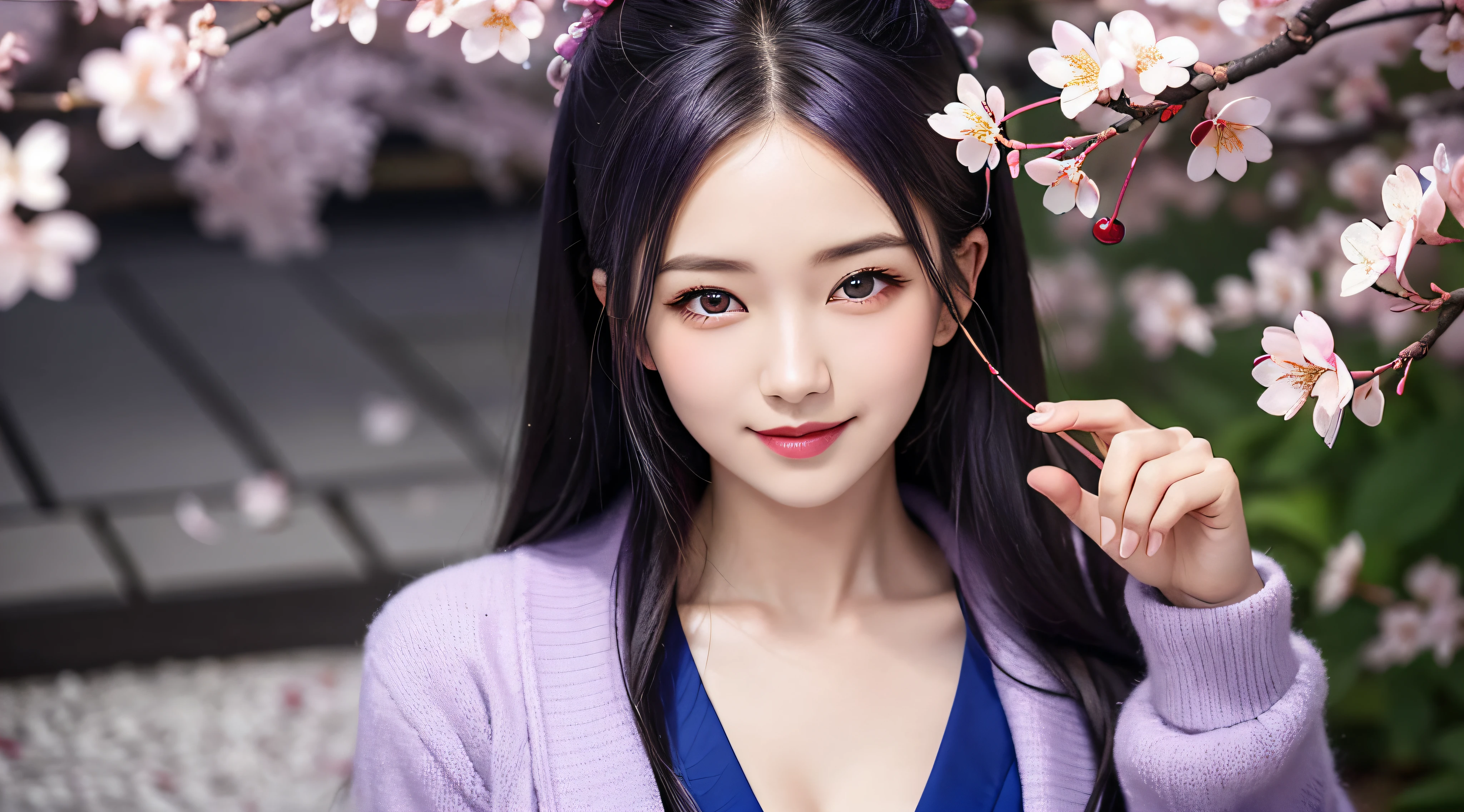 (masterpiece, Need,1girll, Solo, Intricate detail, Up view, color difference), real photo,(front), (shoulder cut), slit, Close-up, smile, Enhance sexy look,Yae Miko, Purple blue hair, purple blue highlights, purple eyes, sharp look, perfectly symmetrical figure, neon shirt, revealing jacket, sweater, leaning against the wall, Brick walls, scribbles, dim lights, alleys, looking at the viewer.((evil streaks, cleavage is seductive, big breasts are enchanting)) ,(((cherry blossom background) )), ((((Japanese cherry blossom garden background)))), (((Shine in the dark background)))