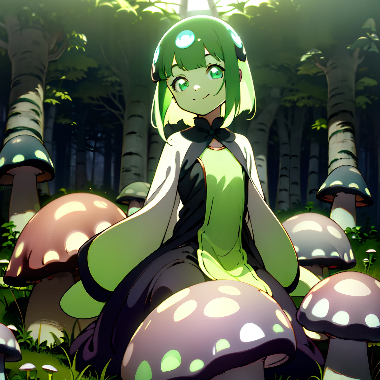((Masterpiece, solo, dark, nighttime, night, mini girl, miniature girl)), loli anime girl sitting on grass, ((moss, green glowing mushrooms)), trees, forest background, overgrown, log, moss on log, tree canopy, ((barefoot, small chest, white skin, mushroom girl, green hair, short hair, glowing hair, mushroom hair, mushroom head, spots in hair, long arms, green glowing eyes, smiling, black villager clothing, tunic))