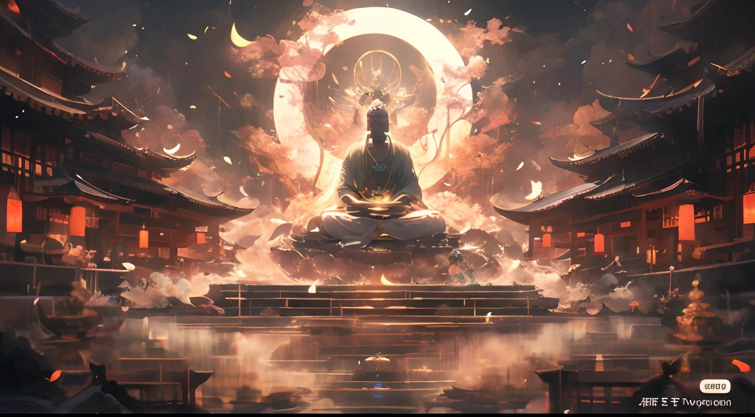 anime big breast, A man sits in a lotus position in a temple surrounded by fire, zen méditation cyberpunk, floating in a powerful zen state, by Yang J, zen aesthetic, Zen temple background, sitting on a lotus flower, zen atmosphere, Beautiful digital artwork, Buddhism, enlightening. Intricate, background artwork, Zen meditation, by Bayard Wu, Rosla global lighting