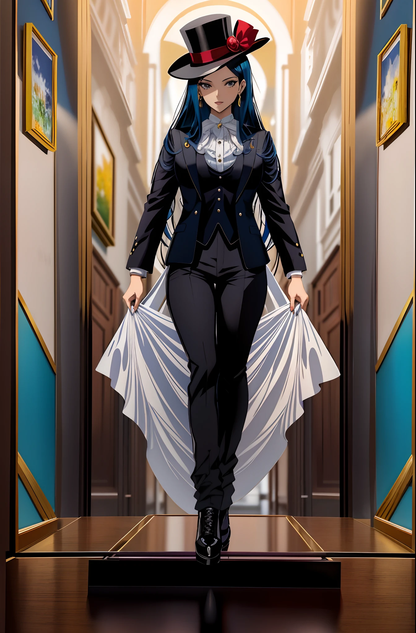 personagem de anime vestido de azul escuro, And a top hat and black pants, arte oficial do personagem, Retrato de corpo inteiro do personagem, retrato de corpo inteiro de um curto!, retrato de personagem de corpo inteiro, Retrato de personagem de corpo inteiro, terno escuro, Anya, Spy X Family, Retrato completo do elementalista, retrato de corpo inteiro, Nico Robin, !!retrato de corpo inteiro!!, official character illustration