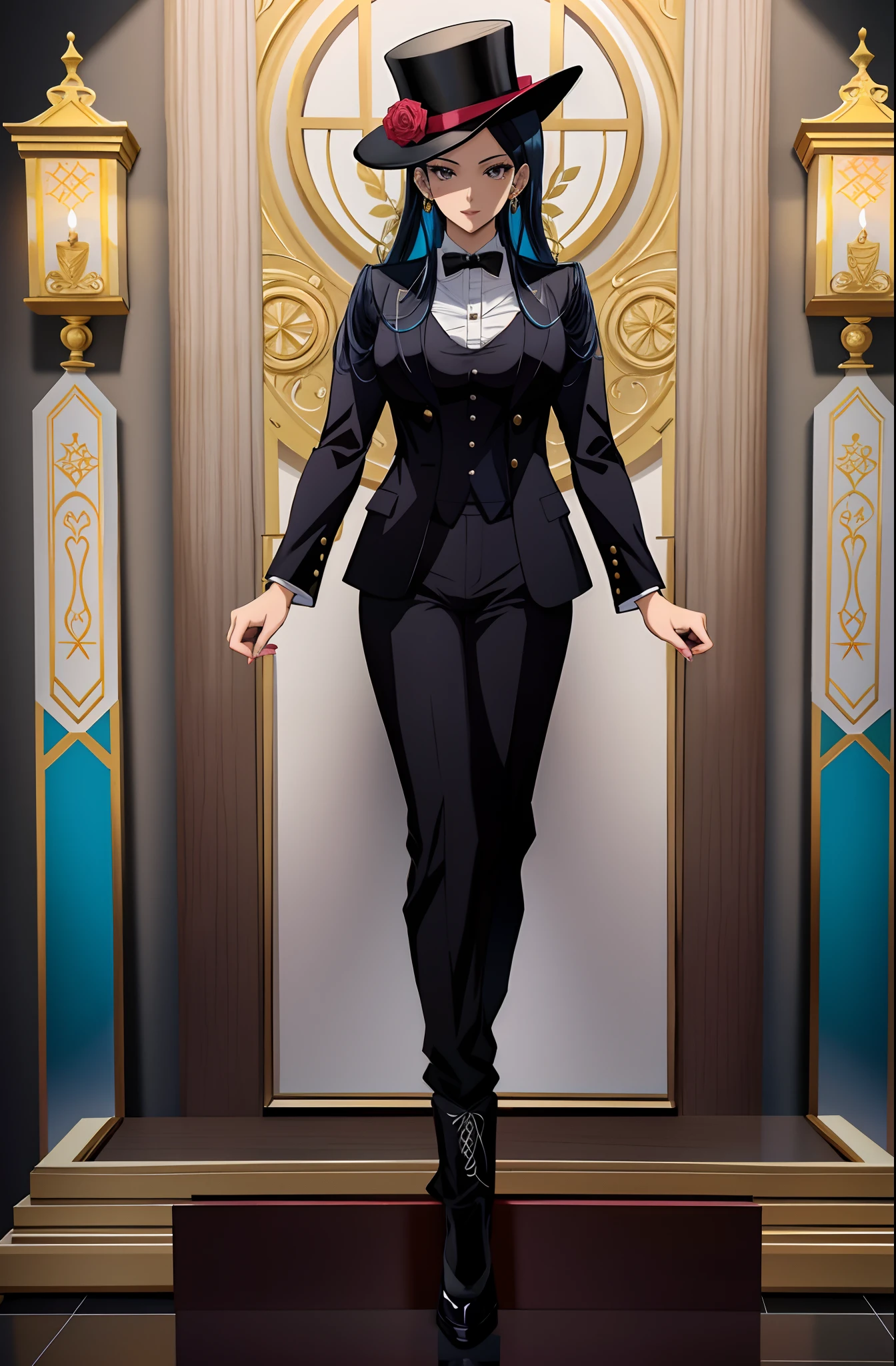 personagem de anime vestido de azul escuro, And a top hat and black pants, arte oficial do personagem, Retrato de corpo inteiro do personagem, retrato de corpo inteiro de um curto!, retrato de personagem de corpo inteiro, Retrato de personagem de corpo inteiro, terno escuro, Anya, Spy X Family, Retrato completo do elementalista, retrato de corpo inteiro, Nico Robin, !!retrato de corpo inteiro!!, official character illustration