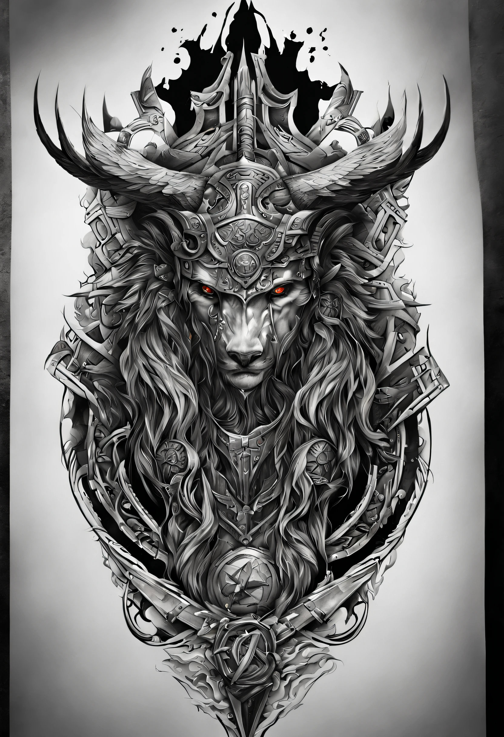 valhalla tattoo designs creative. The color palette is limited to black and white, creating a timeless and classic aesthetic. the tattoo tells stories of his past adventures, which adds to his mysterious and captivating presence. The lighting is dramatic and the shadows cast by the architecture enhance the atmosphere of the scene.