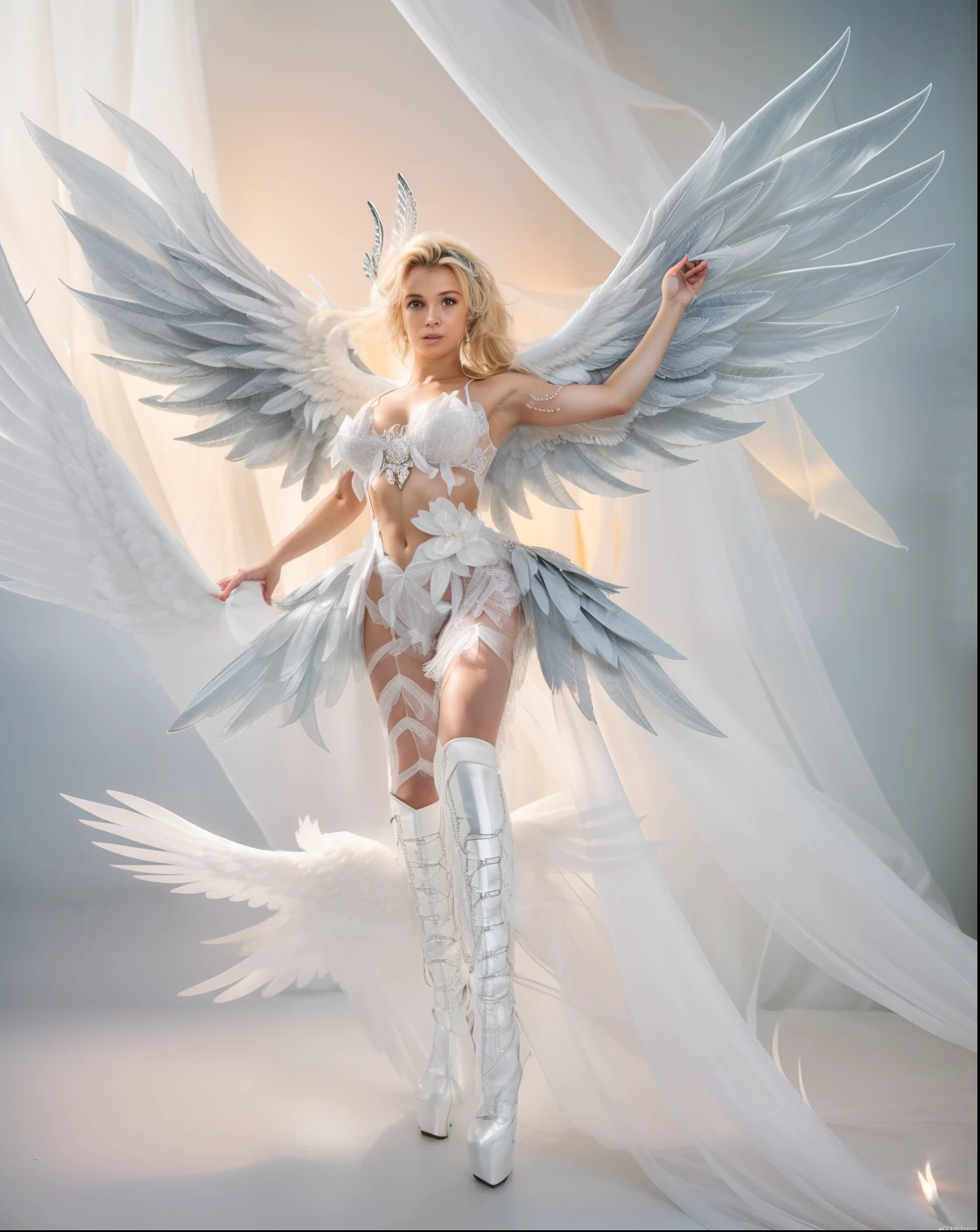 mulher em um traje com asas, as a mystical valkyrie, britney spears, Anjo majestoso de corpo inteiro, anjo feminino bonito, tall female angel, com asas grandes, anjo da menina alada, anjo bonito, abrindo as asas, de uma menina anjo bonita, asas de penas, menina do anjo, asas emplumadas, britney spears, alado, angelic, de anjo lindo, , melhor qualidade, realista, realista, Award-Winning Illustration, (rosto altamente detalhado e textura da pele), (corpo inteiro), (detalhe complicado: 1.2), (detalhe fino), (detalhe complicado), (cinematic lights, luz de fundo de melhor qualidade), lines sharp, foco nítido, Arte Oficial, unidade 8k papel de parede , ultra realista, muito realista, Absurdo, inacreditavelmente realista absurdo, tamanho de arquivo enorme, ultra- real, Arte de realista, RTX,((Foto de encerramento-up by award-winning studio)), , (cale a boca), , perfect hands, lindos olhos detalhados, rosto perfeito, corpo perfeito, detalhes ultra realista.