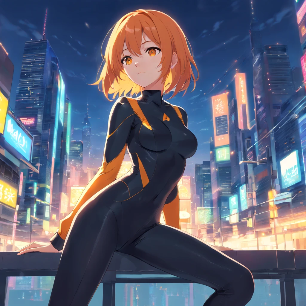 1 female、Orange hair、huge tit、Big ass、Black catsuit、yellow eyes、thigh、Short Bob