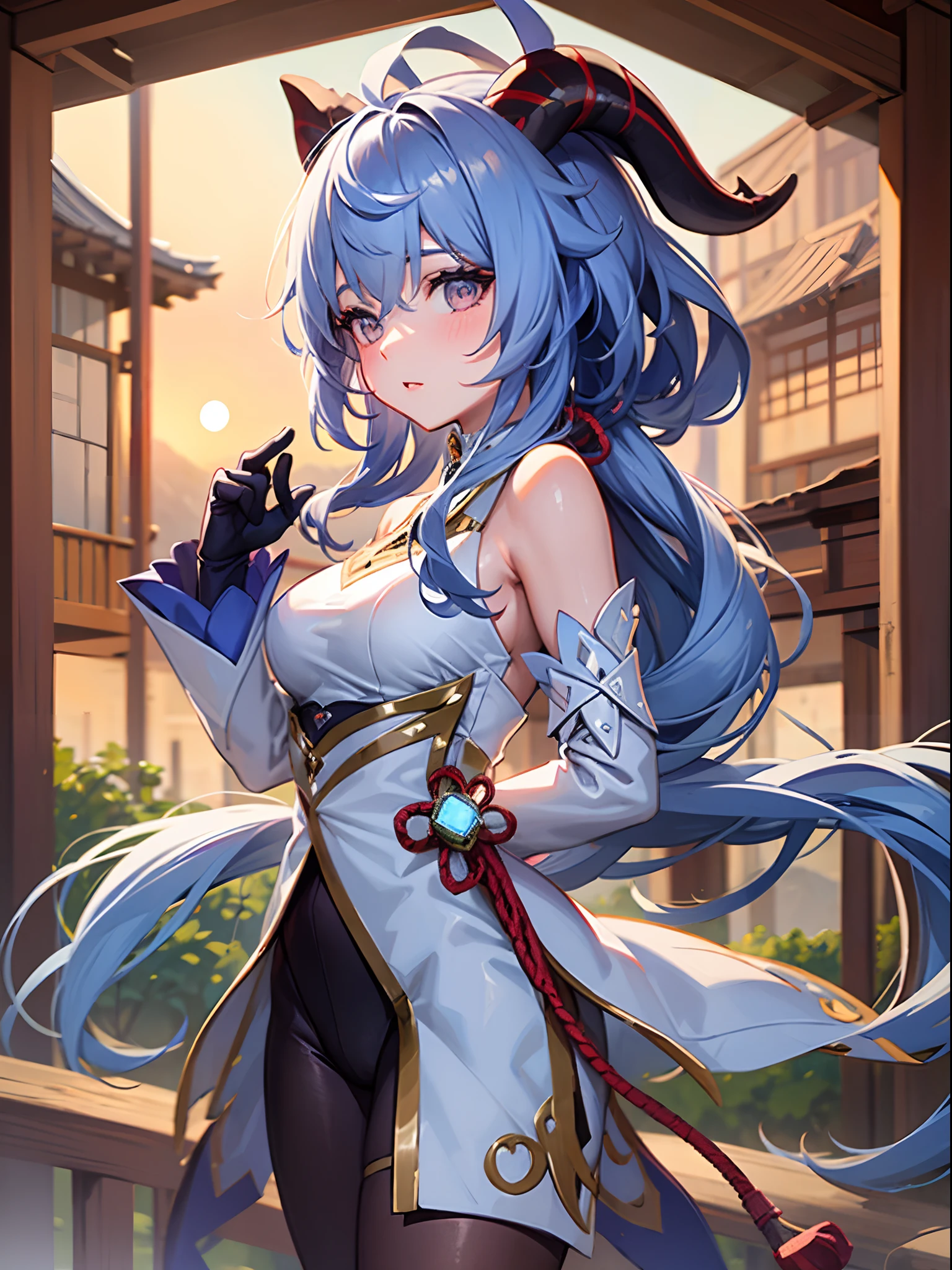 1girl, Clean eyes, very wide-eyed,old japanese old town in the mountains background, Beautiful face, standing , very seductive pose, very young, blue long hair with ponytail, red goat horns,standing