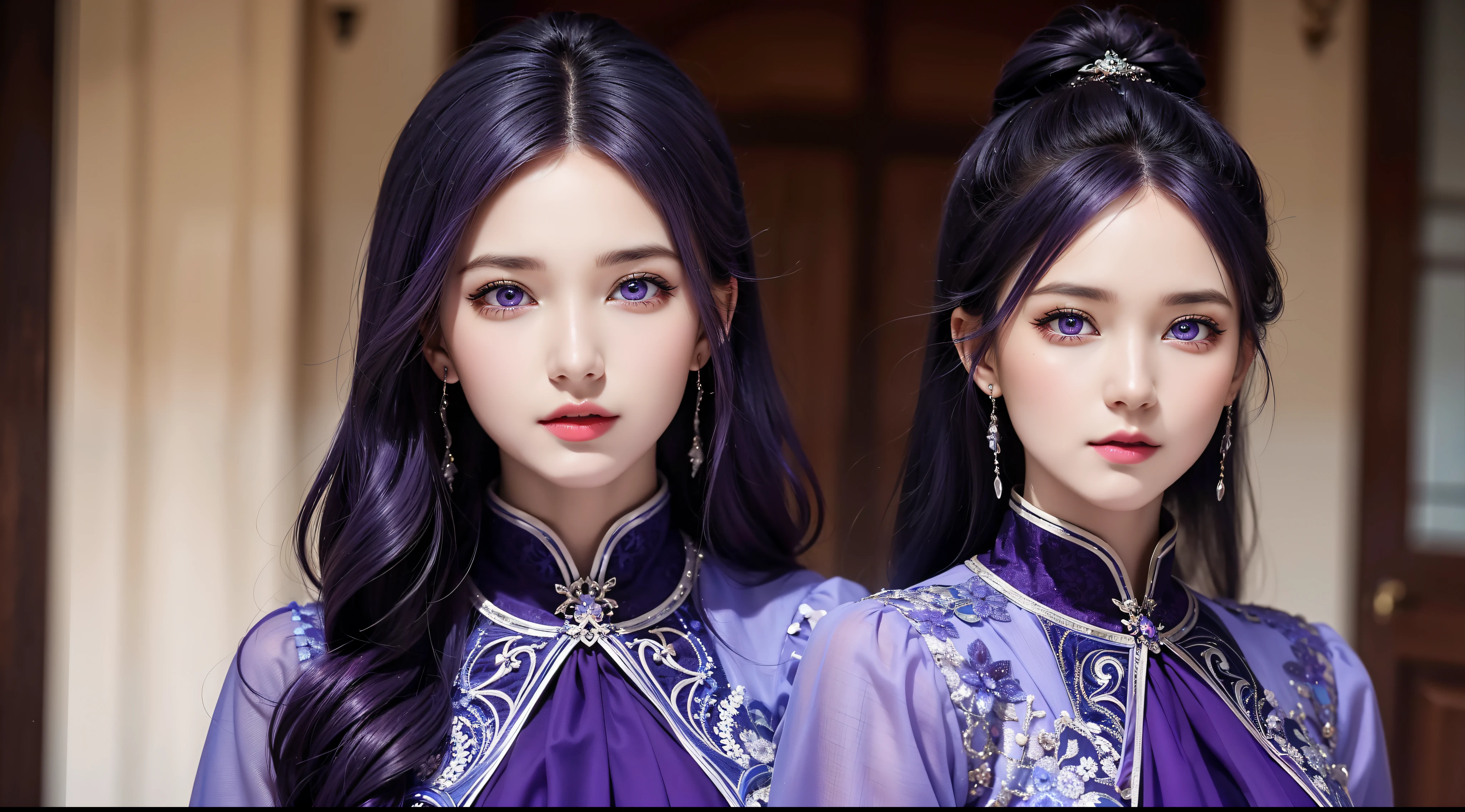 Transport yourself to a world of fantasy and wonder, where a lone figure stands against a stunning facade. The solo girl, with her purple blue hair and piercing purple eyes, exudes power and strength. The close-up shot captures every detail, from the intricate design of her outfit to the sexy enhancement of her features.