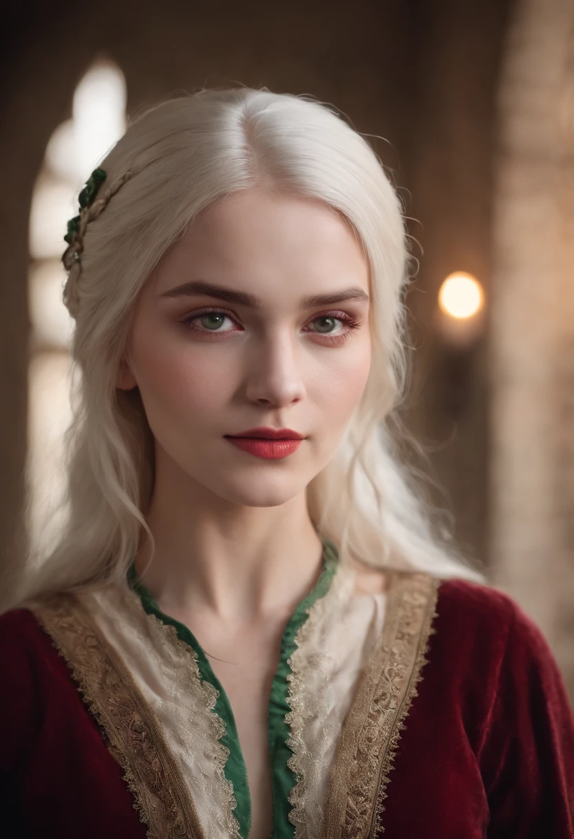 (((a deep reddish wound crosses her left cheek))) fair complexion, woman around 19 years old, natural white hair, distinctive green eyes, wearing kohl, slender and graceful, beautiful, candlelight in a medieval setting, ultra sharp focus, realistic shot, medieval female clothes, tetradic colors (scar:1.4)