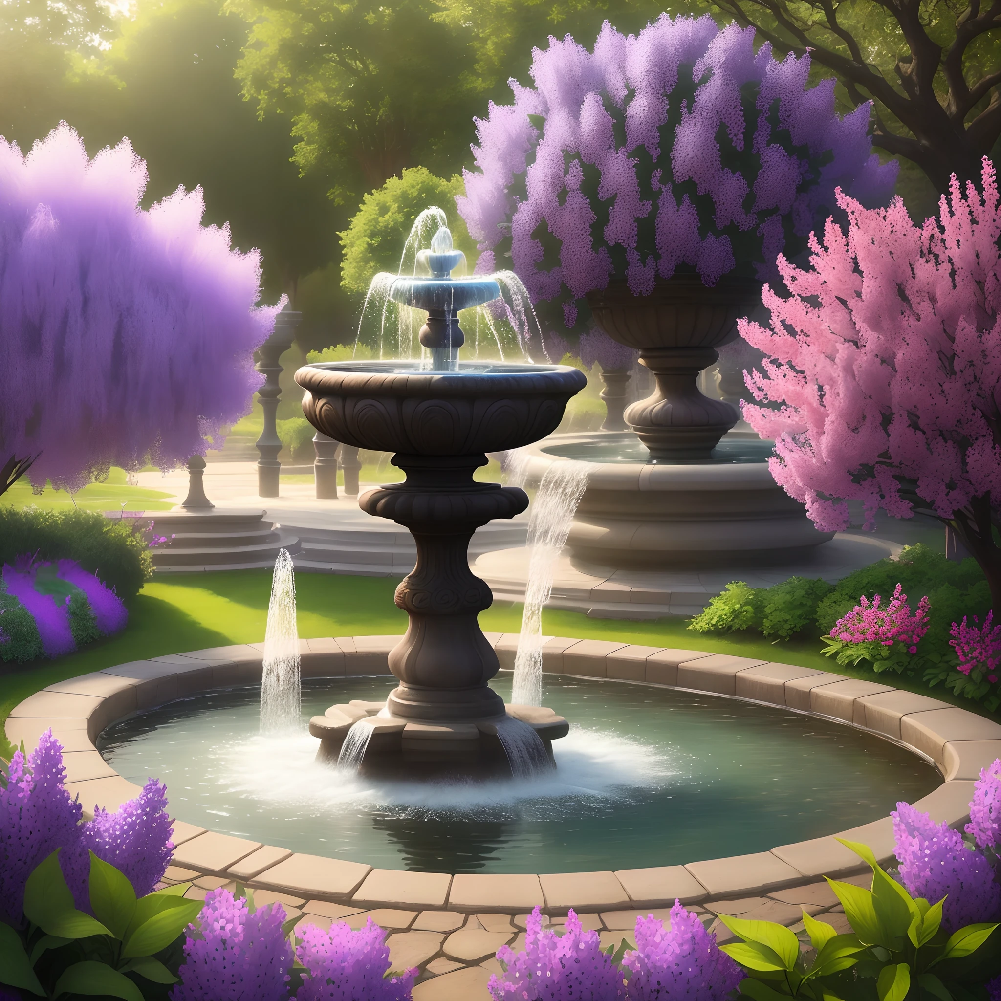 Imagine a scene of tranquility and beauty, where a clear glass fountain stands in the center of a lush lilac garden. The fountain is shaped like a spiral, with water flowing from the top and cascading down the sides. The water sparkles in the sunlight, creating a rainbow of colors. The fountain is surrounded by purple and white lilacs, which fill the air with their sweet fragrance. The garden is surrounded by a stone path that leads to the fountain. The scene is lit by a soft and warm light, creating a cinematic effect. The scene is so realistic that you can almost hear the sound of the water and the birds, and feel the breeze on your skin. This is a picture of a beautiful glass water fountain surrounded by a lilac garden with cinematic lighting and is ultra hd ultra realistic.