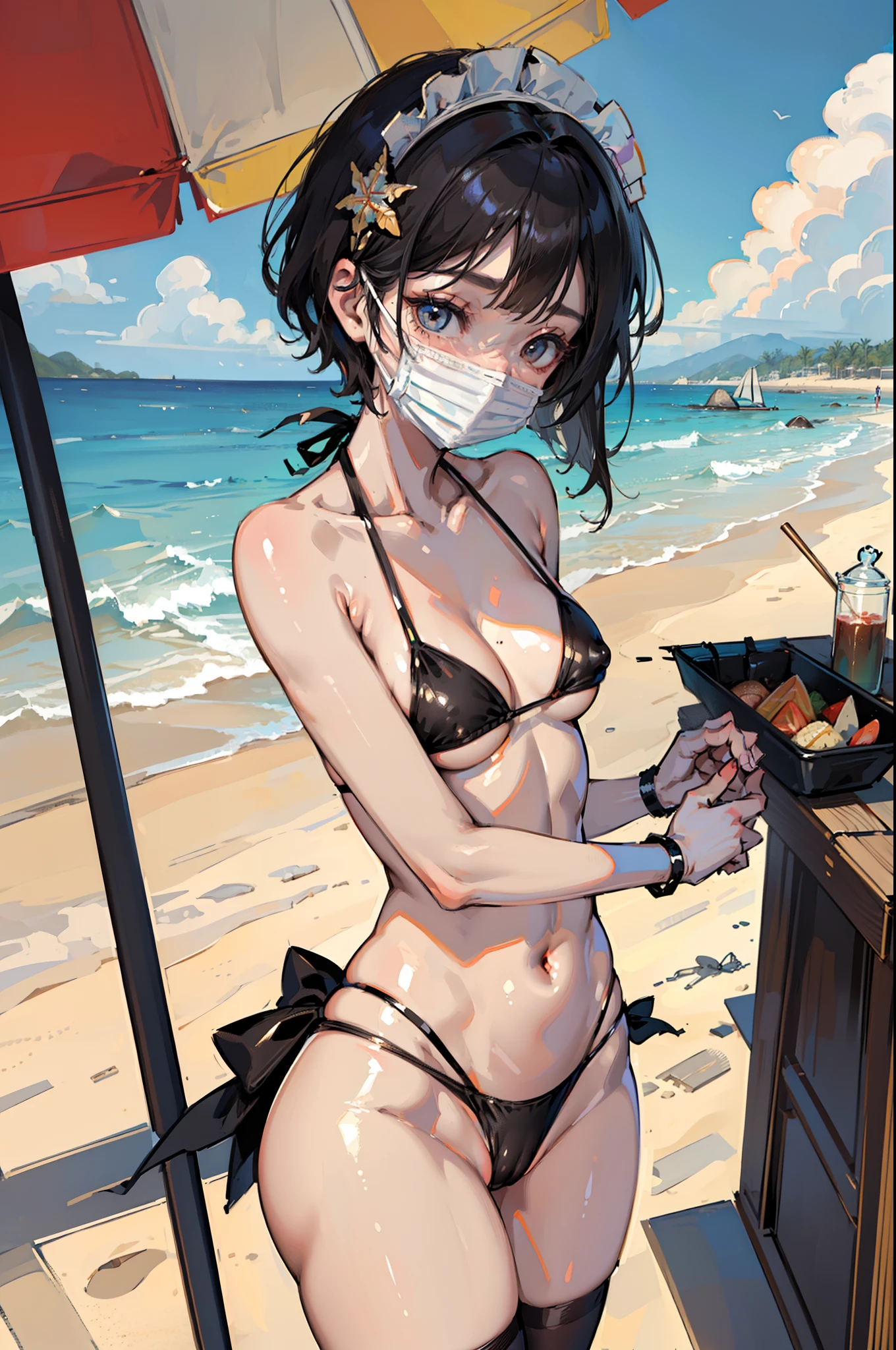 (masterpiece, best quality, nsfw), 1girl, (bikini maid, maid bikini, short hair, black hair, long bangs), (cameltoe, nipple bulge, ((metallic face mask)), at the beach, beach umbrella, picnic), serving food, sunny day