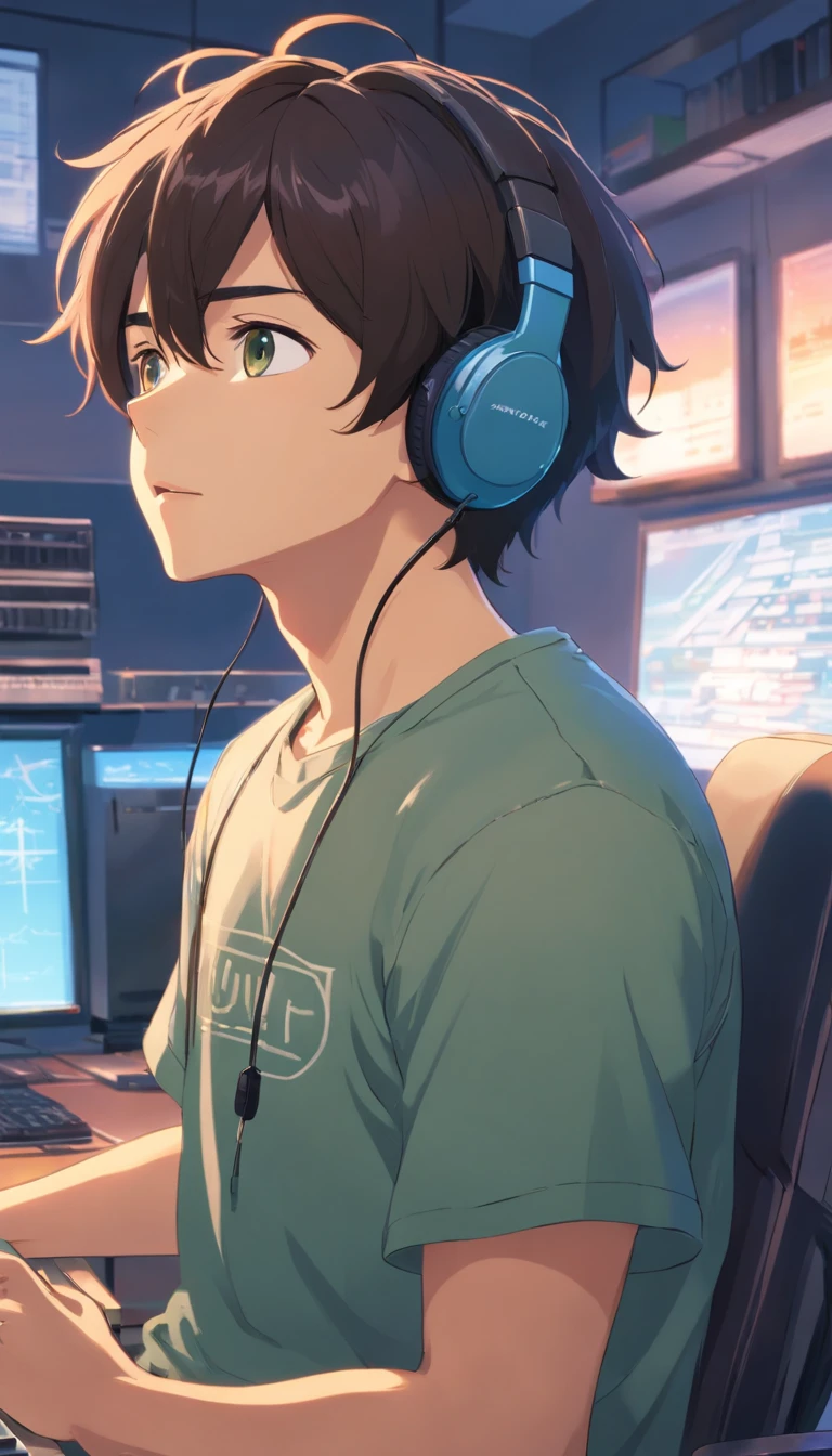 Masterpiece, hiquality, Best Quality, HD, Realistic, perfect lighting, Detailed body, 1 male, black curly hair, Black T-shirt, serious expression, wearing headphones, open mouth, facing the computer monitor, In the room, Mess in the room, In the room, there is a lot of room, darkroom, Your hair will turn your eyes