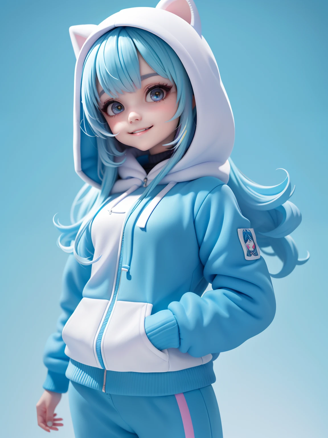 (tmasterpiece), (best qualityer), (ultra - detailed), (full bodyesbian: 1.2) Cute cute girl, hoods, Sky blue sweatshirt, Knitted jumpsuit, Pants, jaket, Blouse, Hefty Smile, full bodyesbian, :3, multicolored hair, Pastel tonal background , extremely colorful,، simple.