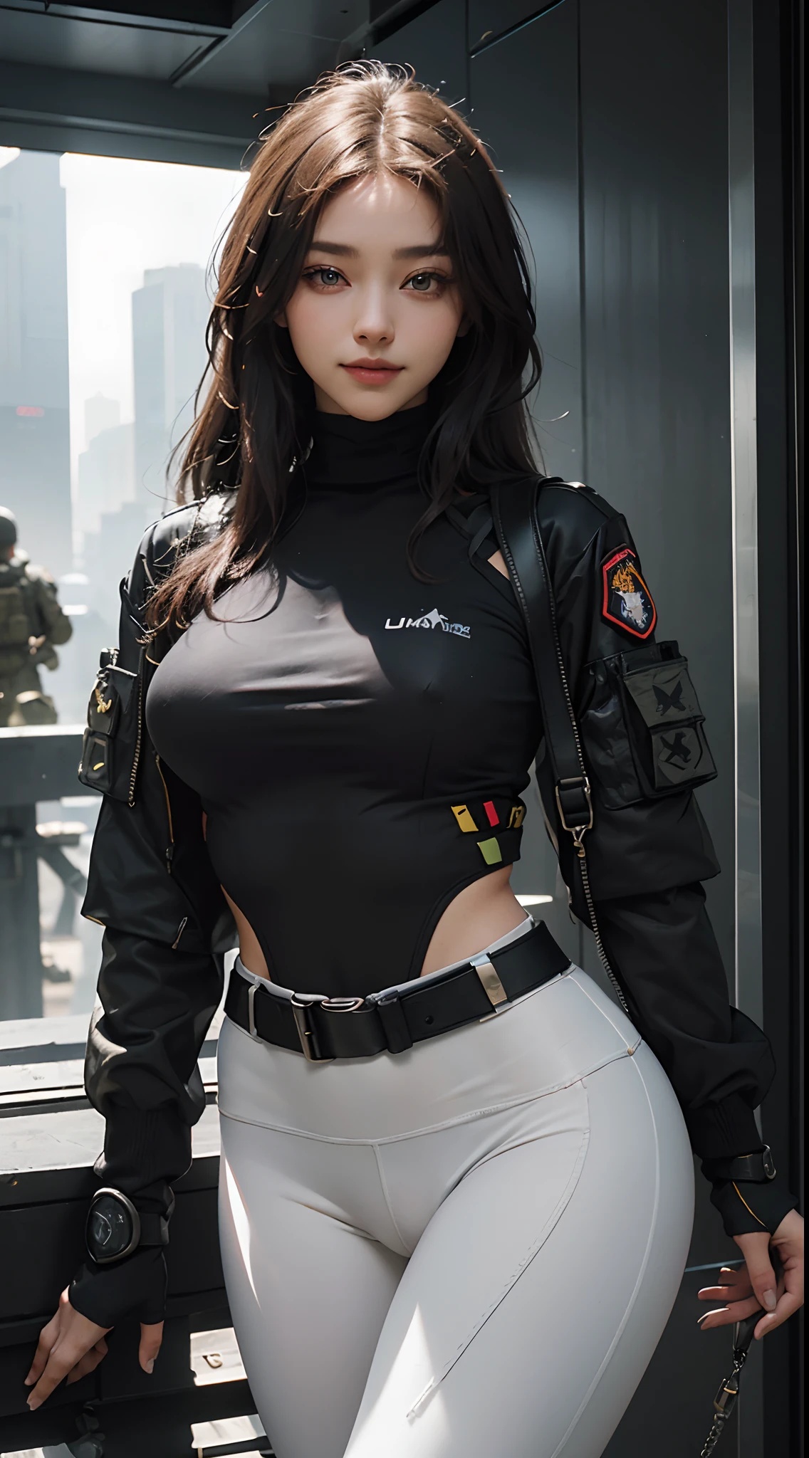 (Highest image quality, outstanding details, ultra-high resolution), 1 girl, (wearing futuristic military outfit), (glamour body:1.2, buffed and muscular body), (a bit chubby:0.5), (futuristic military outfit inspired by white yoga pants and cyberpunk jumper, military harness, military gears such as pouches), background military base, mild smile, dynamic pose, dramatic lighting,