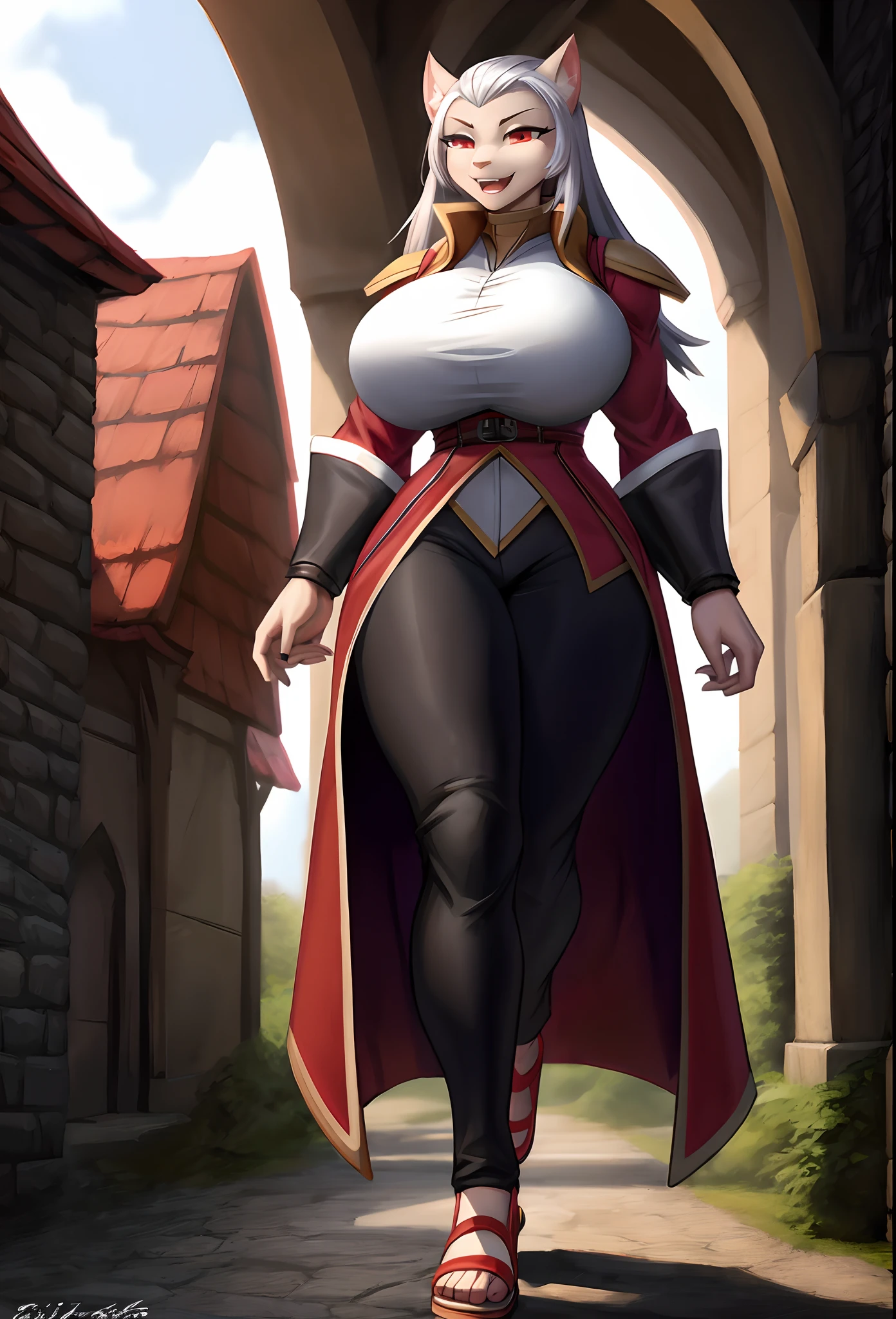 muscle girl,huge breast,, tall female, ,pants, solo focus, 1character, portrait full body,dark skinned female, , vest, coat, walking, medieval clothing, long hair, ,, open mouth smile, revealing cloths, , , berserker, warrior,, full body, walking,, ,flipflops, red eyes, sentai heroine, white bodysuit, silver hair