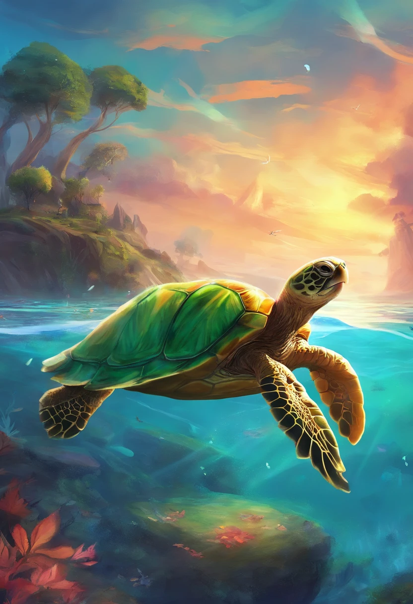 There is a turtle,Has the face of a cute cat swimming in the sea, Has a cute cat face, With turtle shell, Diving in the water,