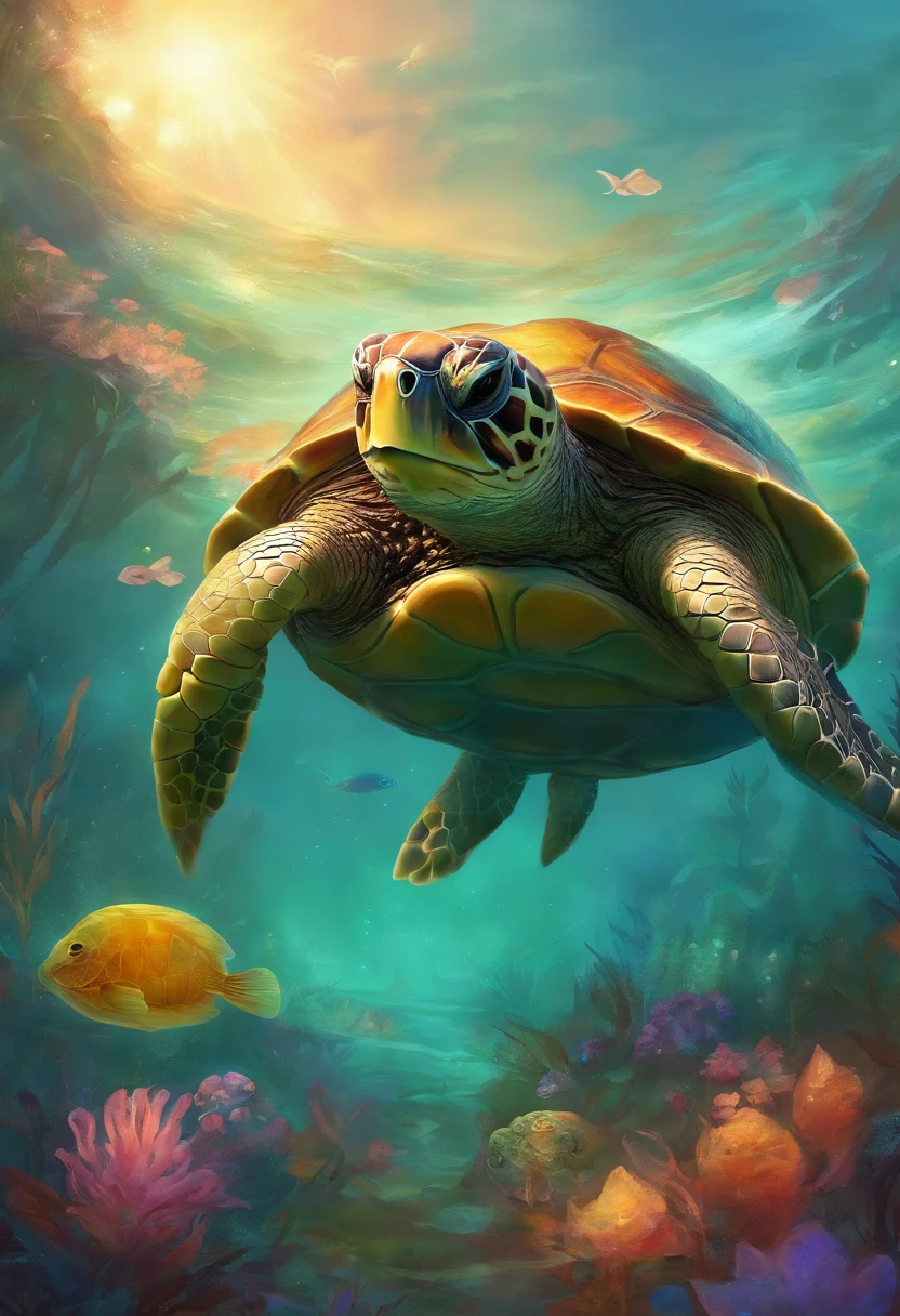 There is a turtle，Has the face of a cute cat swimming in the sea, Has a cute cat face, With turtle shell, Diving in the water,