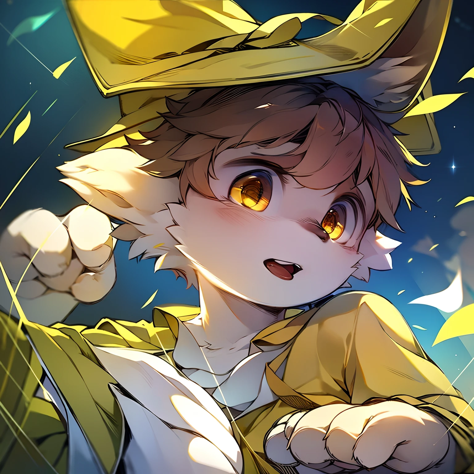 Masterpiece, Best quality, Libido boy,beast ear,It consists only of golden lines,starrysky,Particle effect,Golden yellow light,ssmile,rays of sunshine,self-assured,As estrelas,stellar,having fun