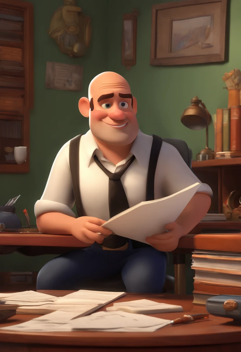 Create a Disney PIXAR style character, of a man with a very short beard, shaved bald hair, black shirt, professional image, of an Accountant working in his office using a notebook with papers and pens on the table, with pictures on the walls and with cabinets . Disney PIXAR style.