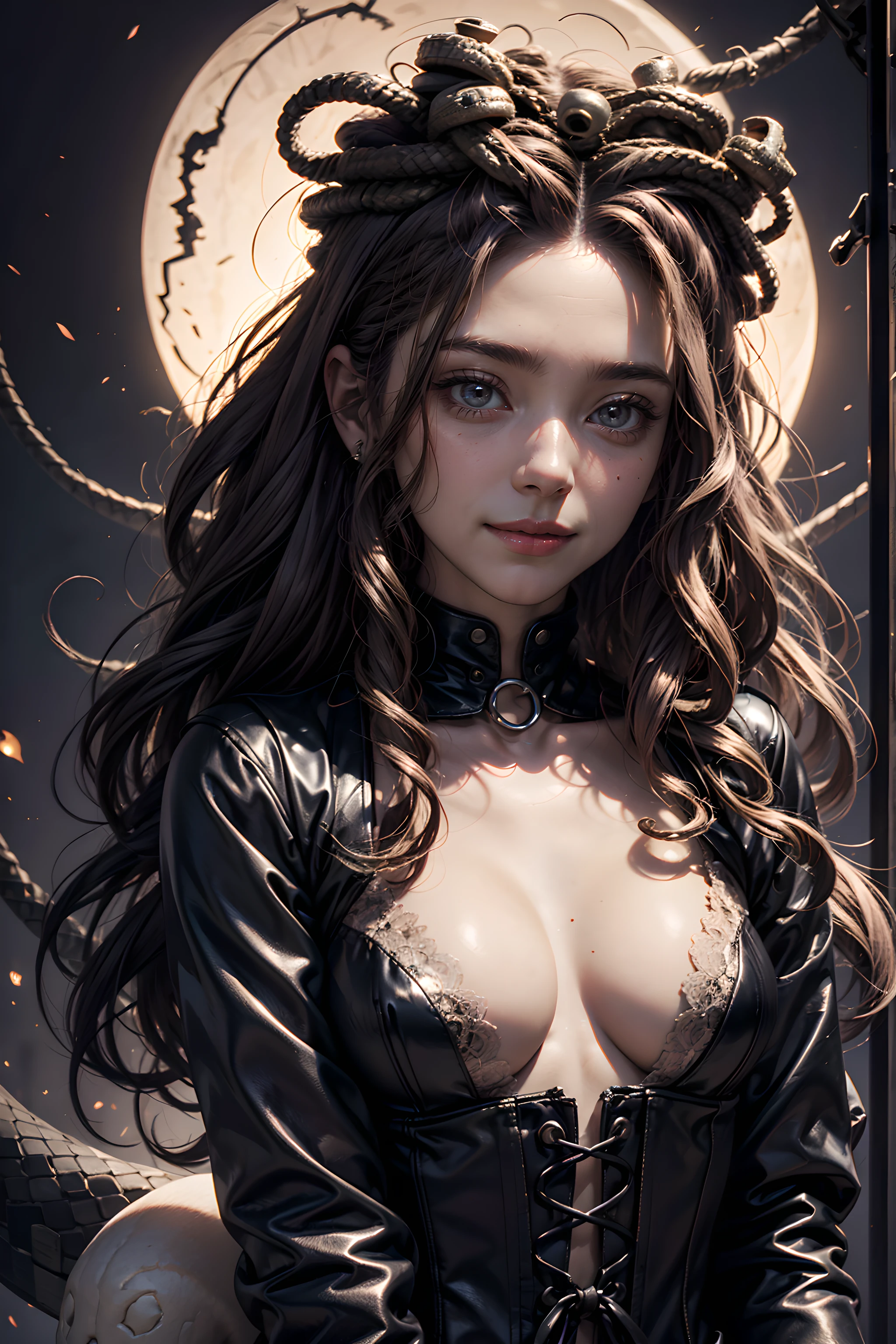 (Halloween theme:1.2), (fantasy:1.2), (dark theme:1.2), (film noir:1.3), monster girls, long hair, snakes, gorgon, snake hair, BREAK, Beautiful illustration, top-quality, (cute Russian medusa girl, white people:1.3, Caucasian:1.3), having medusa features, (medusa:1.5), BREAK, (medusa hair:1.5), (snake hair:1.3), (hair is composed of countless small snakes:1.3), (blue eyes, pale skin:1.1), (beautiful, 20 years old:1.5), slim, slender, (small-medium breasts), clean face:1.3, BREAK, (black elegant full lacy dress), (latex corset), (black latex stockings), (knee-high-over-boots, pin-hells), (insanely detailed clothes), BREAK, arms behind back, arms up on head, blue eyess, lovely thighs、(looking straight at the viewer), (view viewer:1.3), (upper body:1.3), from above, (fairytale:1.3), (Fantasy world halloween background:1.3), (jack O'lantern:1.3), (ghost:1.3), (playing ghost and jack O'lantern:1.3),