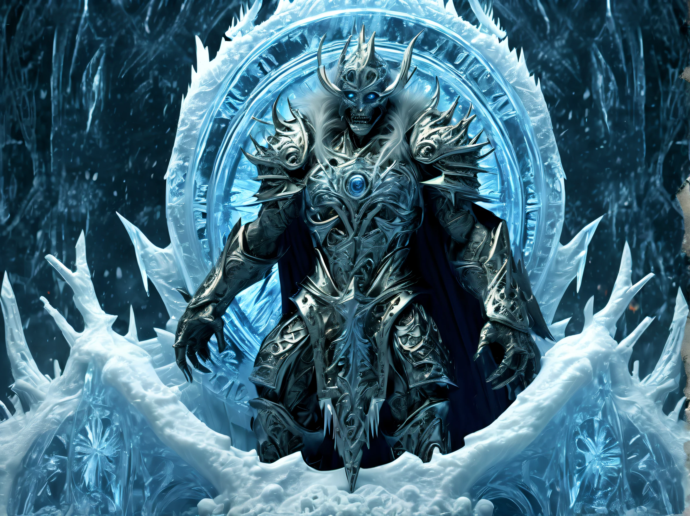 (((stunning intricate detailed Rim-Ice illustration:2))), prepare to be amazed by this stunning illustration of a godly and sacred undead giant, emerging from the frozen ground with an air of power and authority. (((the cursed king's grip on his frozen trident spear is unbreakable:1.2))), a testament to his unyielding will. (((decaying flesh and dirty bones and exposed bones are a stark contrast to the intense flames burning in his eyes:1.3))), (filled with the fire of hatred eyes:1.1). (((bring along the undead army:1.3))), (((as he rises with snow falls around:1.3))), creating a breathtaking scene that will leave all in awe. (((intricate details and a range of stylistic renderings:1.4))), this image is sure to captivate all who see it, (((intricate insane details:1.3))), (((extremely intricate quality:1.3))),