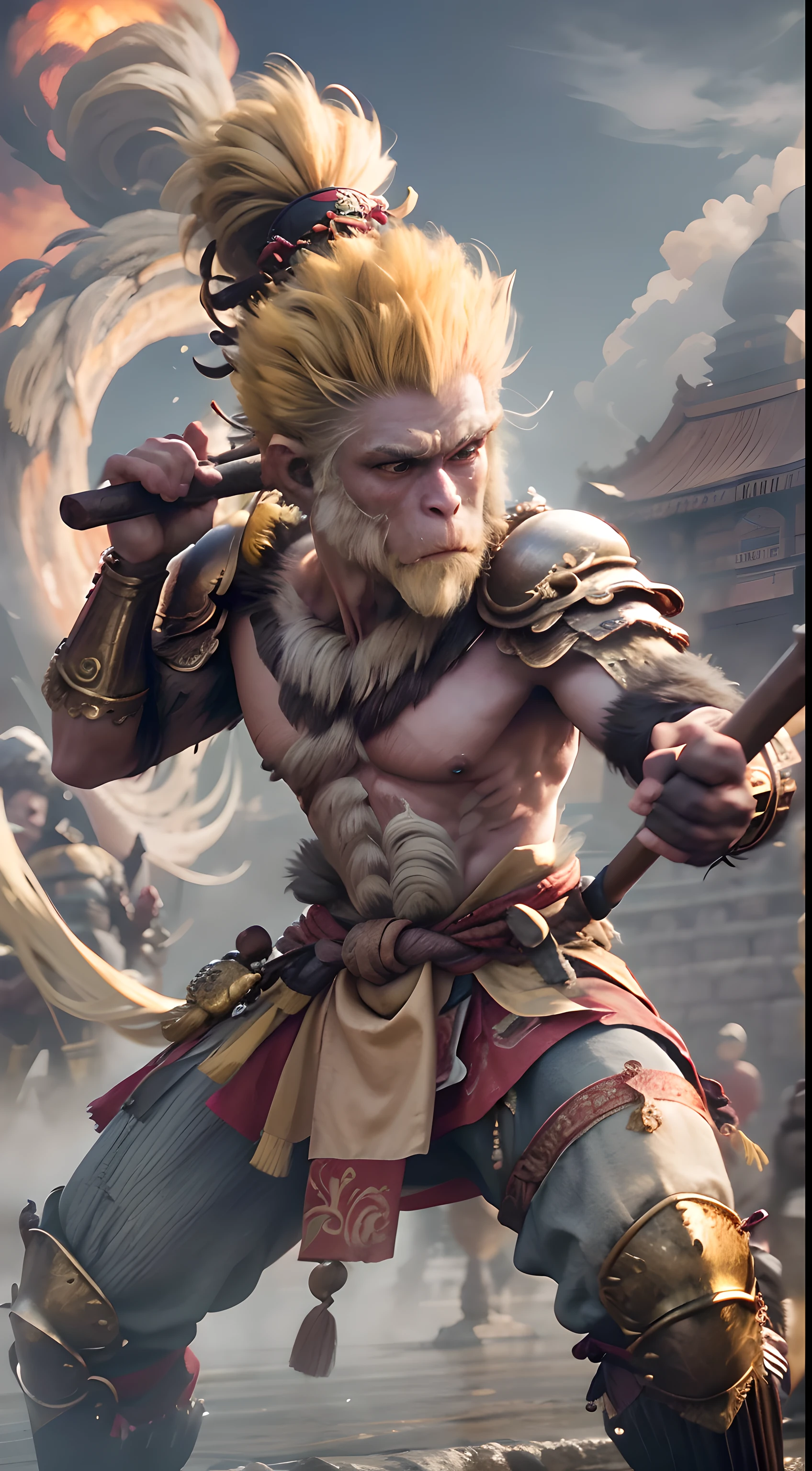 1个Monkey King,Rei Macaco segura Golden Cudgel,((Olhos dourados de olhos de fogo:1.5)),((Cudgel Dourado Completo)),Coloque a Armadura de Chama,postura de luta,Red ribbon,flame clouds under his feet,tmasterpiece,((The backdrop is the Forbidden City, uma cidade antiga no Oriente)),Neblina de nuvens,8k,high-definition resolution,Desenho detalhado,muito fotoreal,