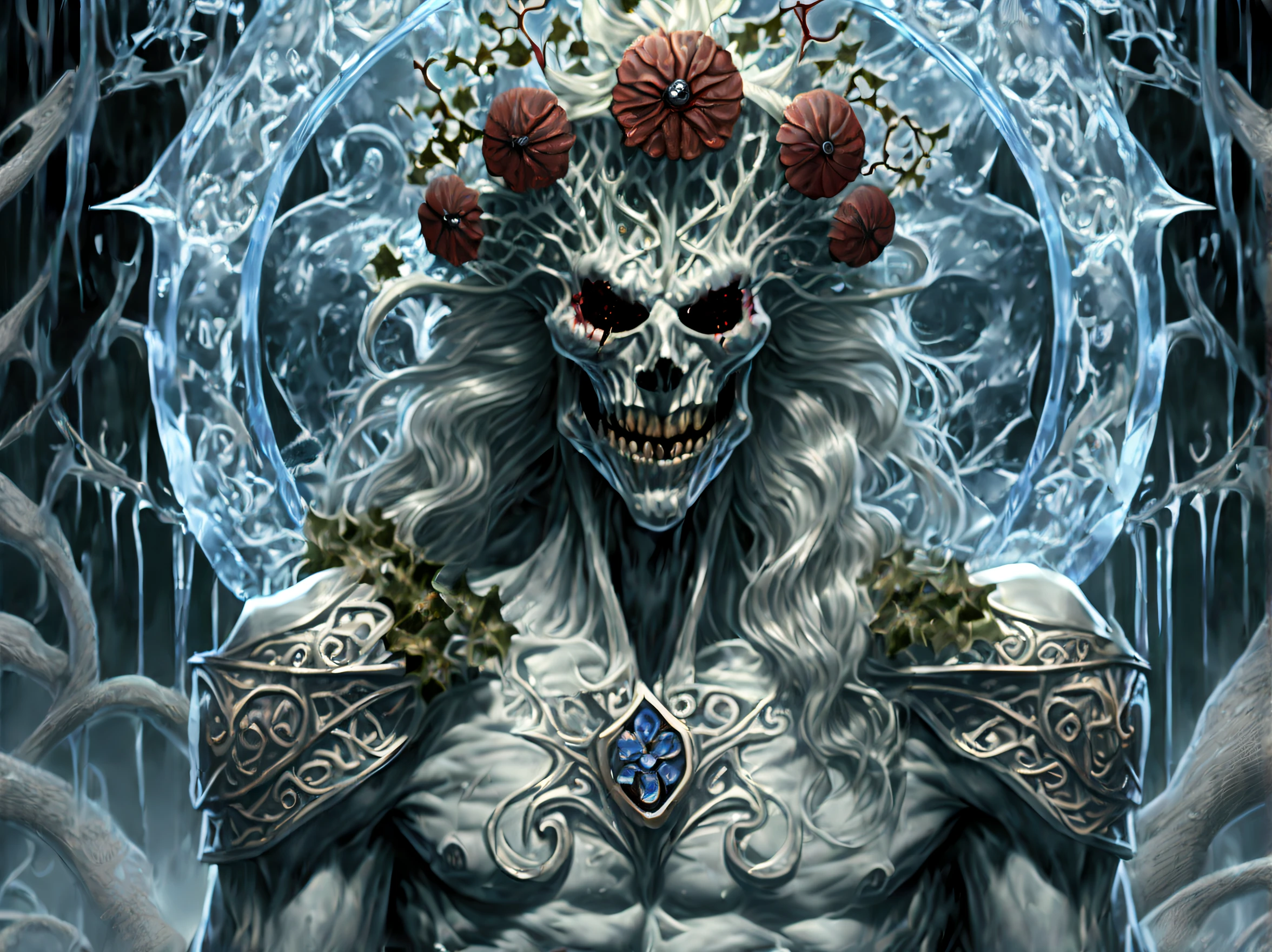 (((stunning intricate detailed Rim-Ice Ivy and the weird flower which were wound around illustration:2))), prepare to be amazed by this stunning illustration of a godly and sacred undead giant, emerging from the frozen ground with an air of power and authority. (((the cursed king's grip on his frozen trident spear is unbreakable:1.2))), a testament to his unyielding will. (((decaying flesh and dirty bones and exposed bones are a stark contrast to the intense flames burning in his eyes:1.3))), (filled with the fire of hatred eyes:1.1). (((bring along the undead army:1.3))), (((as he rises with snow falls around:1.3))), creating a breathtaking scene that will leave all in awe. (((intricate details and a range of stylistic renderings:1.4))), this image is sure to captivate all who see it, (((intricate insane details:1.3))), (((extremely intricate quality:1.3))),