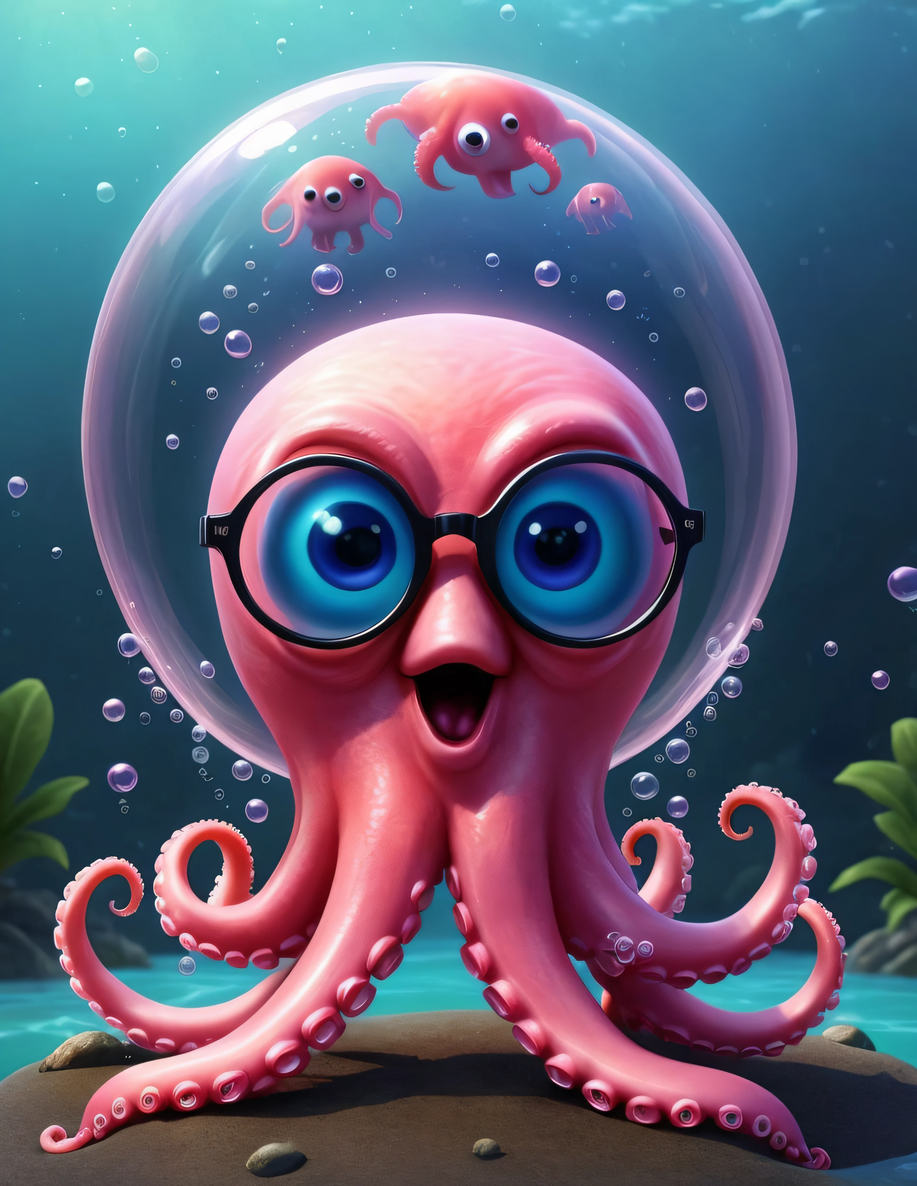 comic (Digital Artwork:1.3) of (Illustration:1.3) a pink octopus wearing glasses and bubbles, anthropomorphic octopus, cute 3 d render, jellyfish wearing glasses, portrait of a squid wizard, cute pixar character, weird silly thing with big eyes, octopus wearing a spacesuit, cute cthulhu, beautiful pink little alien girl, very angry squid, portrait of an octopus goddess, ultra realistic 3d illustration,CGSociety,ArtStation . graphic illustration, comic art, graphic novel art, vibrant, highly detailed