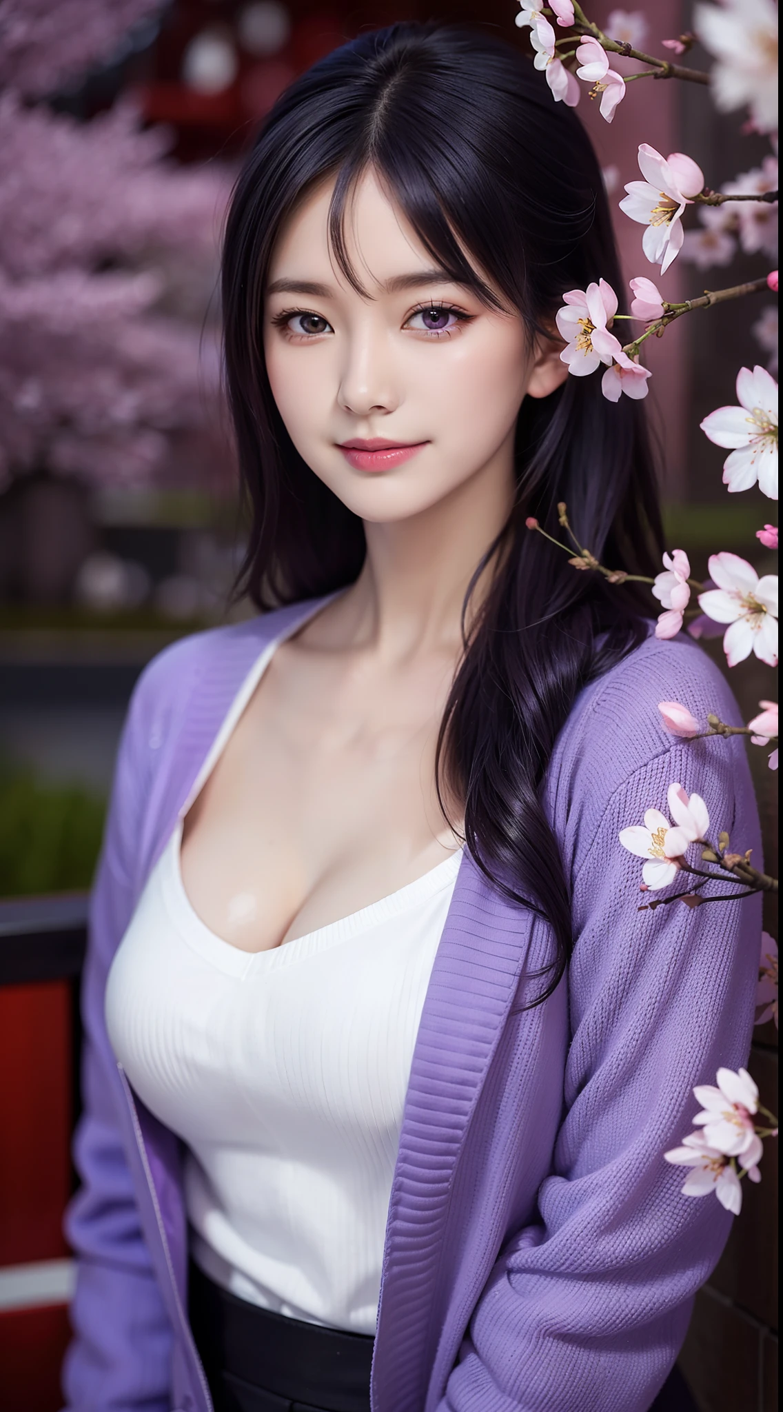 (masterpiece, Need,1girll, Solo, Intricate detail, Up view, color difference), real photo,(front), (shoulder cut), slit, Close-up, smile, Enhance sexy look,Yae Miko, Purple blue hair, purple blue highlights, purple eyes, sharp look, perfectly symmetrical figure, neon shirt, revealing jacket, sweater, leaning against the wall, Brick walls, scribbles, dim lights, alleys, looking at the viewer.((evil streaks, cleavage is seductive, big breasts are enchanting)) ,(((cherry blossom background) )), ((((Japanese cherry blossom garden background)))), (((Shine in the dark background)))