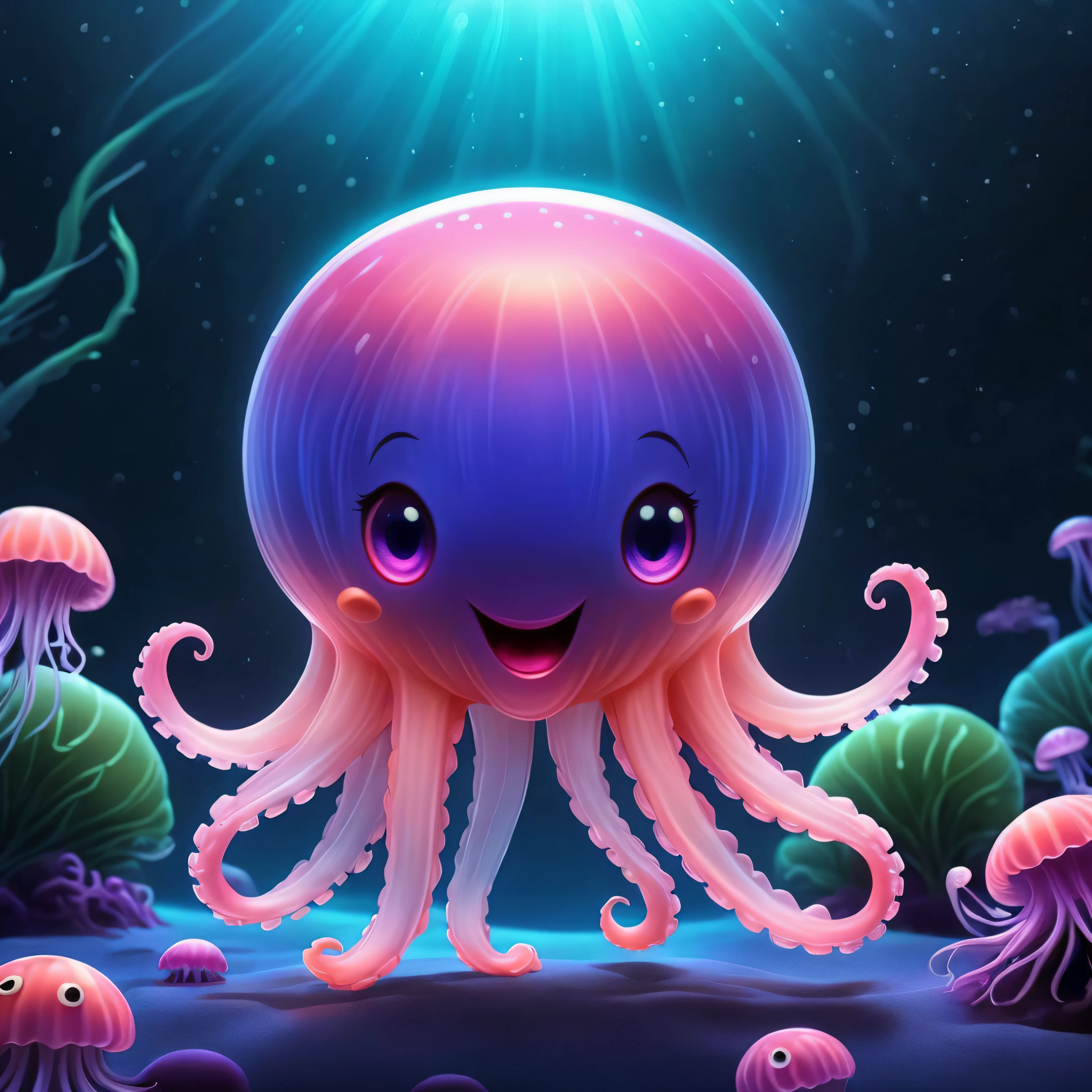 comic (Digital Artwork:1.3) of (Illustration:1.3) a cute jellyfish with a pink face and eyes, cute 3 d render, adorable glowing creature, cute creature, cute cthulhu, stylized as a 3d render, anthropomorphic octopus, an alien mushroom with tentacles, cute little creature, beautiful pink little alien girl, cute! c4d, jellyfish god, space jellyfish, sea like jelly, cute character,CGSociety,ArtStation . graphic illustration, comic art, graphic novel art, vibrant, highly detailed